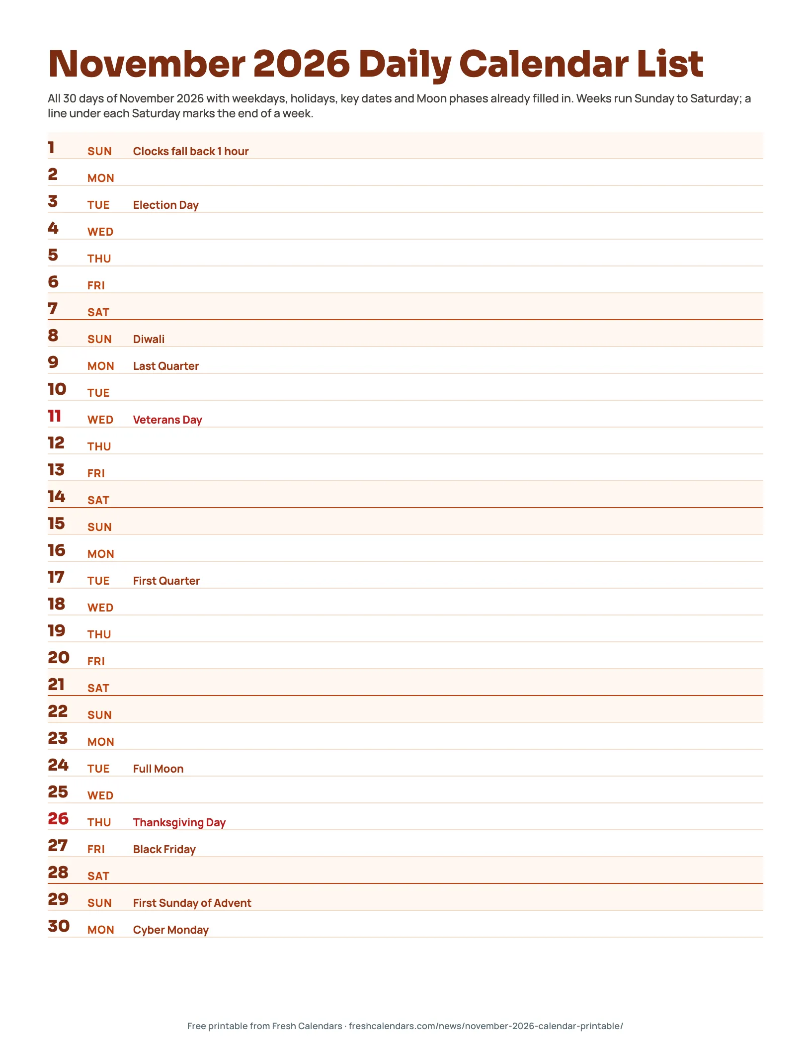 November 2026 Daily Calendar List November 2026 daily calendar list printable with one line for each of the 30 days