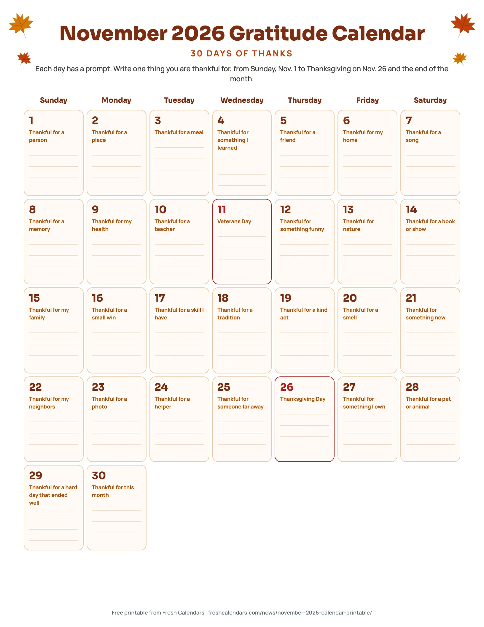 November 2026 Gratitude Calendar November 2026 gratitude calendar printable with a thankful prompt and writing lines for each of the 30 days