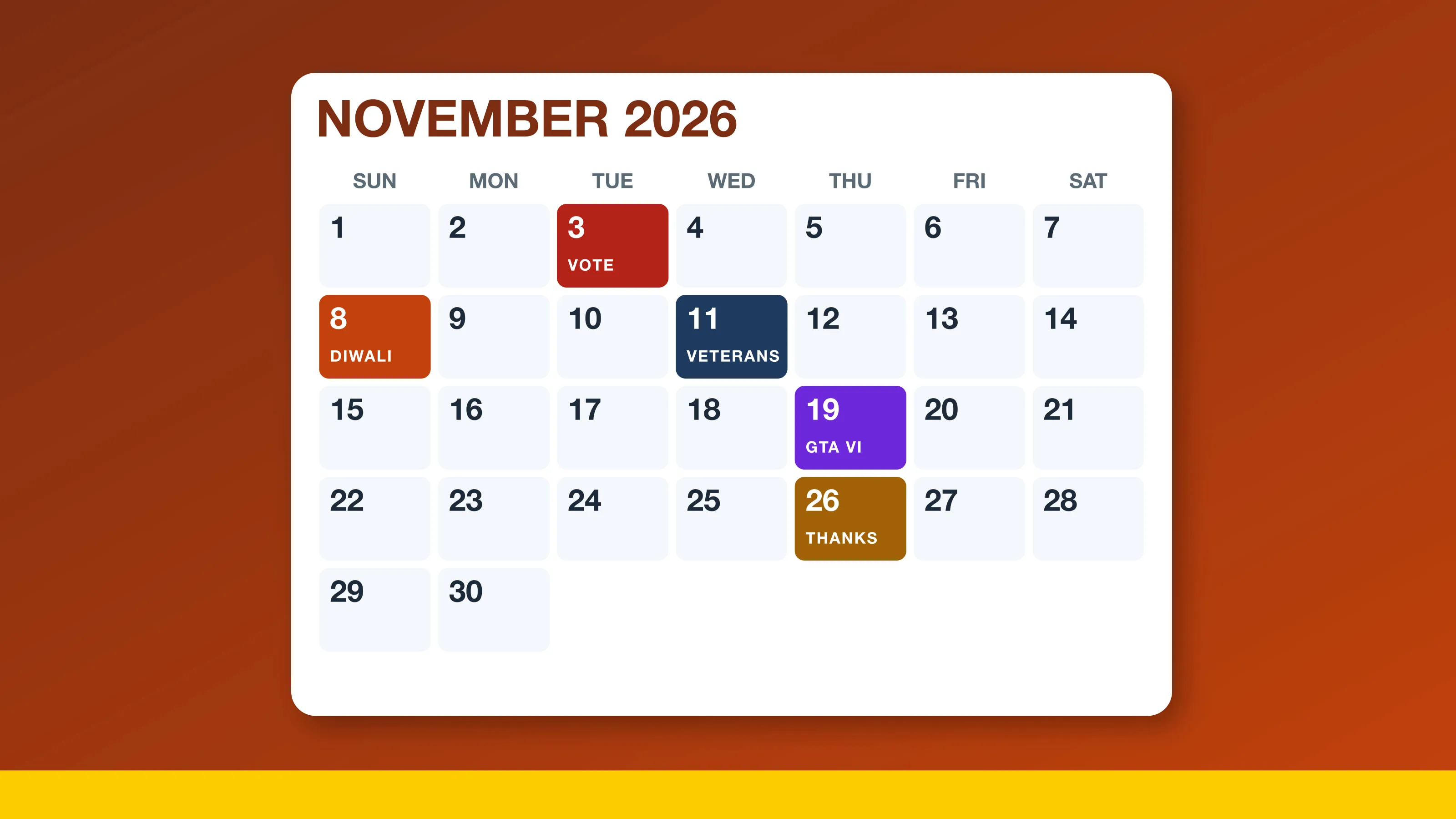 November 2026 important dates: a November 2026 calendar page with Election Day, Diwali, Veterans Day, GTA VI and Thanksgiving highlighted
