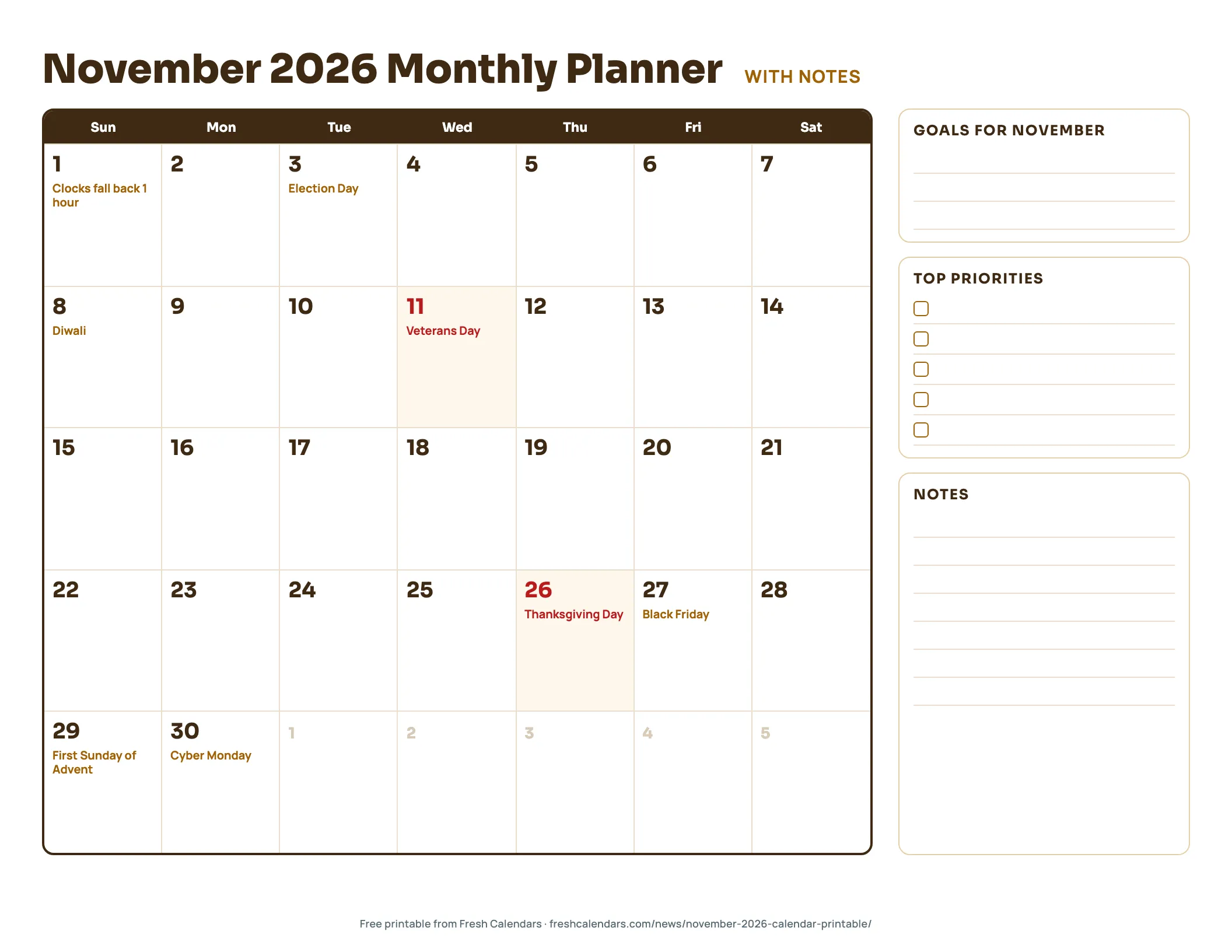 November 2026 Monthly Planner With Notes November 2026 monthly planner printable with calendar grid, goals, priorities checkboxes and notes lines