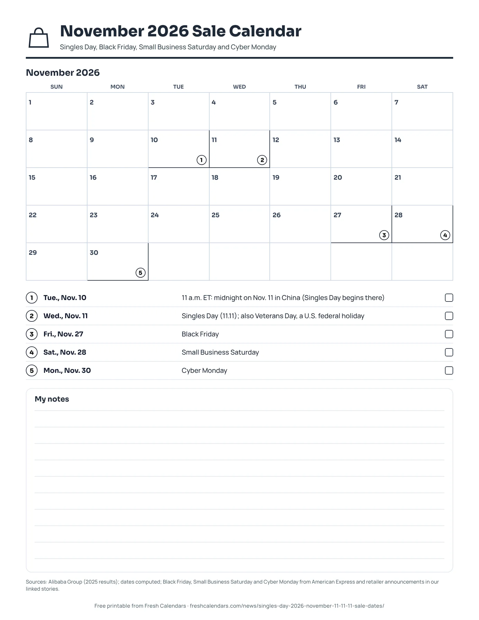November 2026 Sale Calendar (ink saver) Printable November 2026 sale calendar listing Singles Day, Black Friday, Small Business Saturday and Cyber Monday, ink-saver version