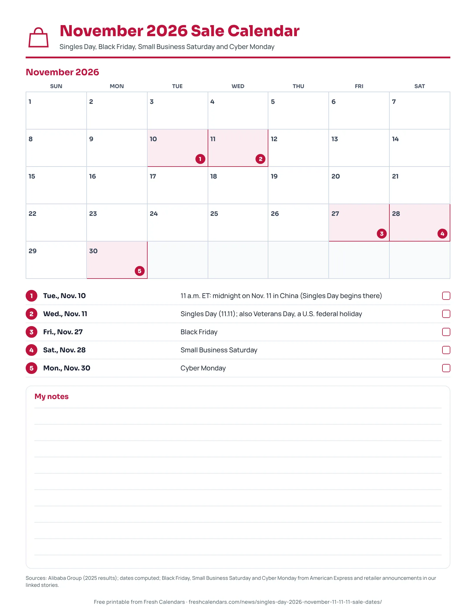 November 2026 Sale Calendar Printable November 2026 sale calendar listing Singles Day, Black Friday, Small Business Saturday and Cyber Monday