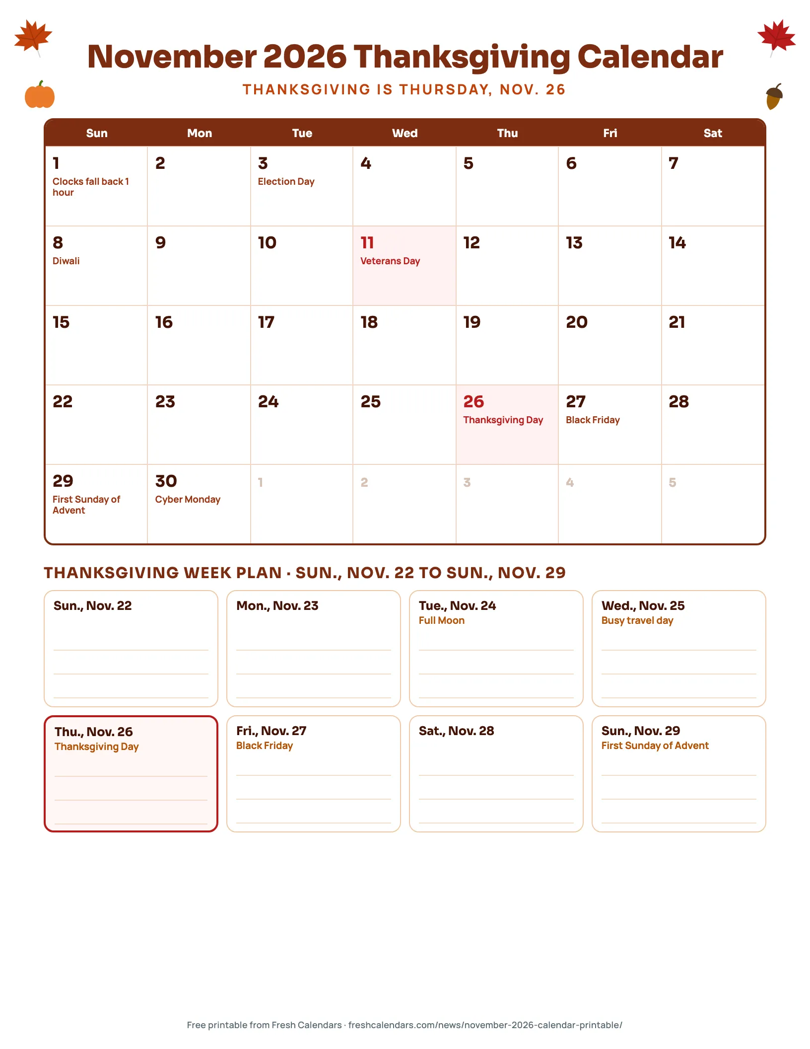 November 2026 Thanksgiving Calendar November 2026 Thanksgiving calendar printable with a Thanksgiving week plan from Nov. 22 to Nov. 29