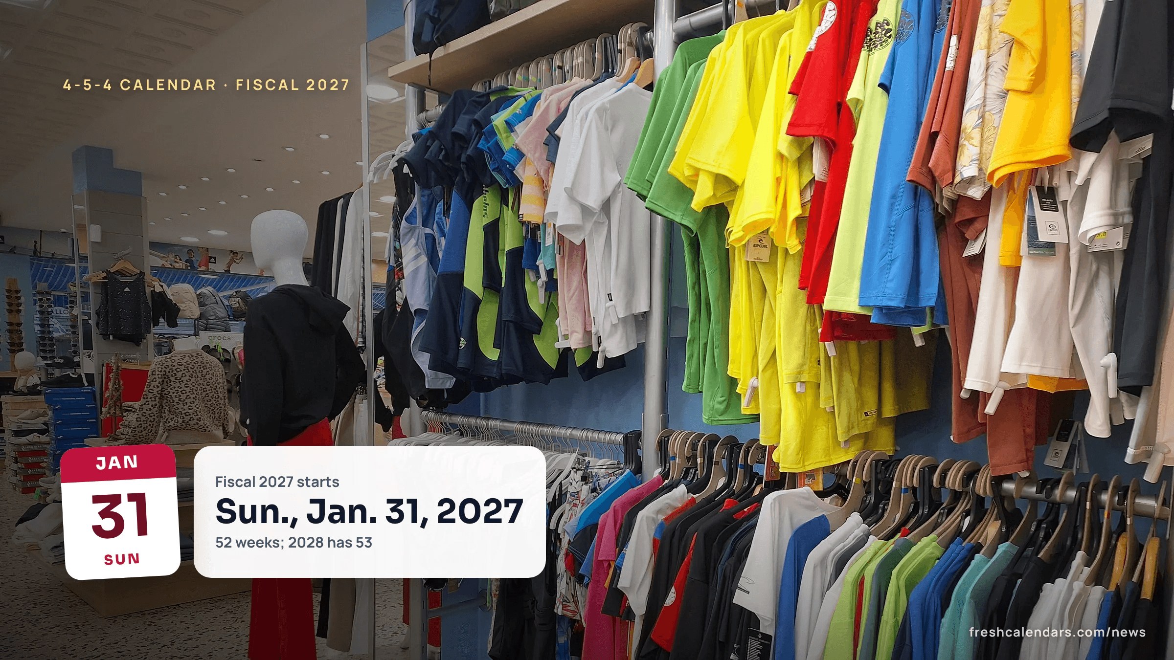 Clothing racks in a retail store, with the NRF 4-5-4 calendar 2027 fiscal year start date, Sunday, Jan. 31, 2027