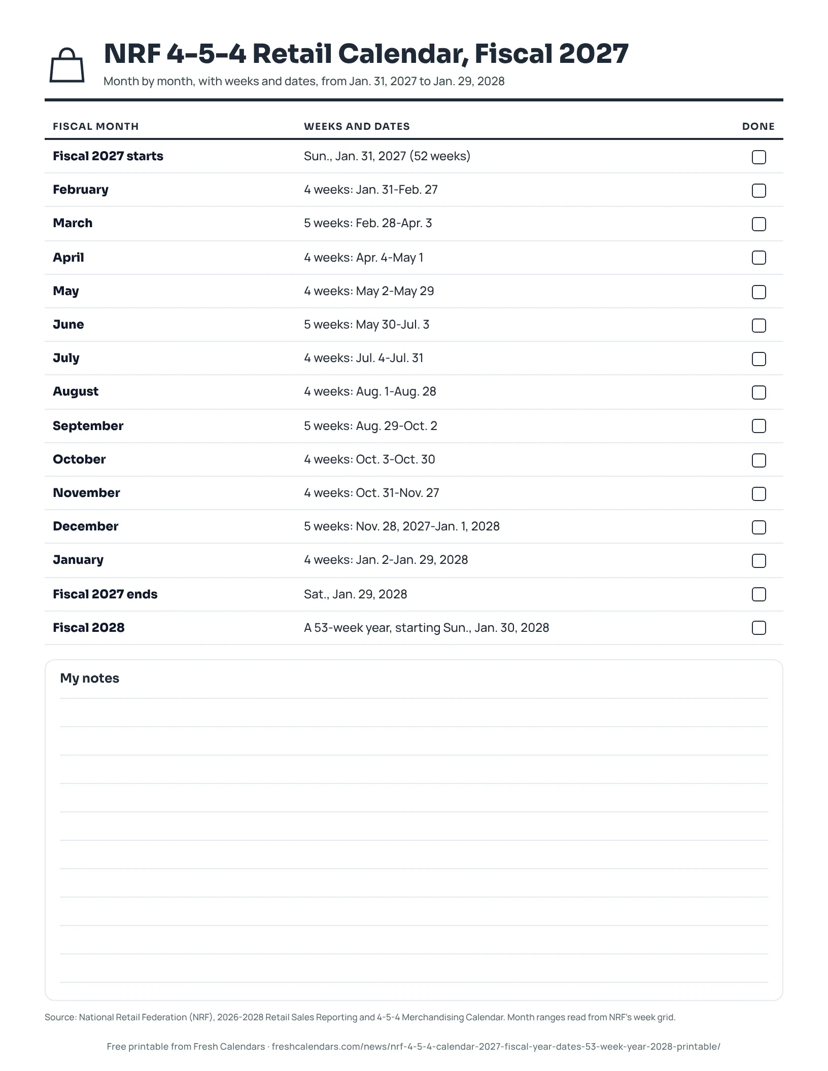 NRF 4-5-4 Retail Calendar, Fiscal 2027 (ink saver) NRF 4-5-4 retail calendar fiscal 2027 printable listing 12 fiscal months with weeks and dates from Jan. 31, 2027 to Jan. 29, 2028, ink-saver version