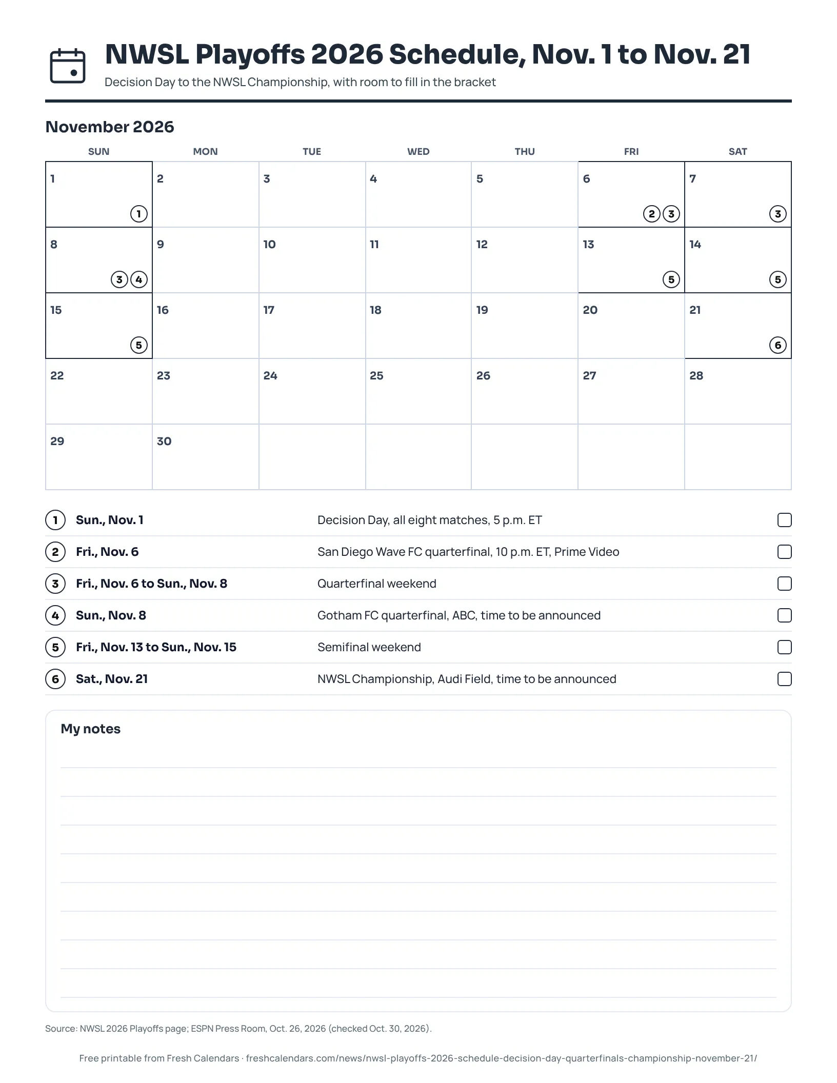 NWSL Playoffs 2026 Schedule, Nov. 1 to Nov. 21 (ink saver) Printable NWSL playoffs 2026 schedule from Decision Day on Nov. 1 to the NWSL Championship on Nov. 21, ink-saver version