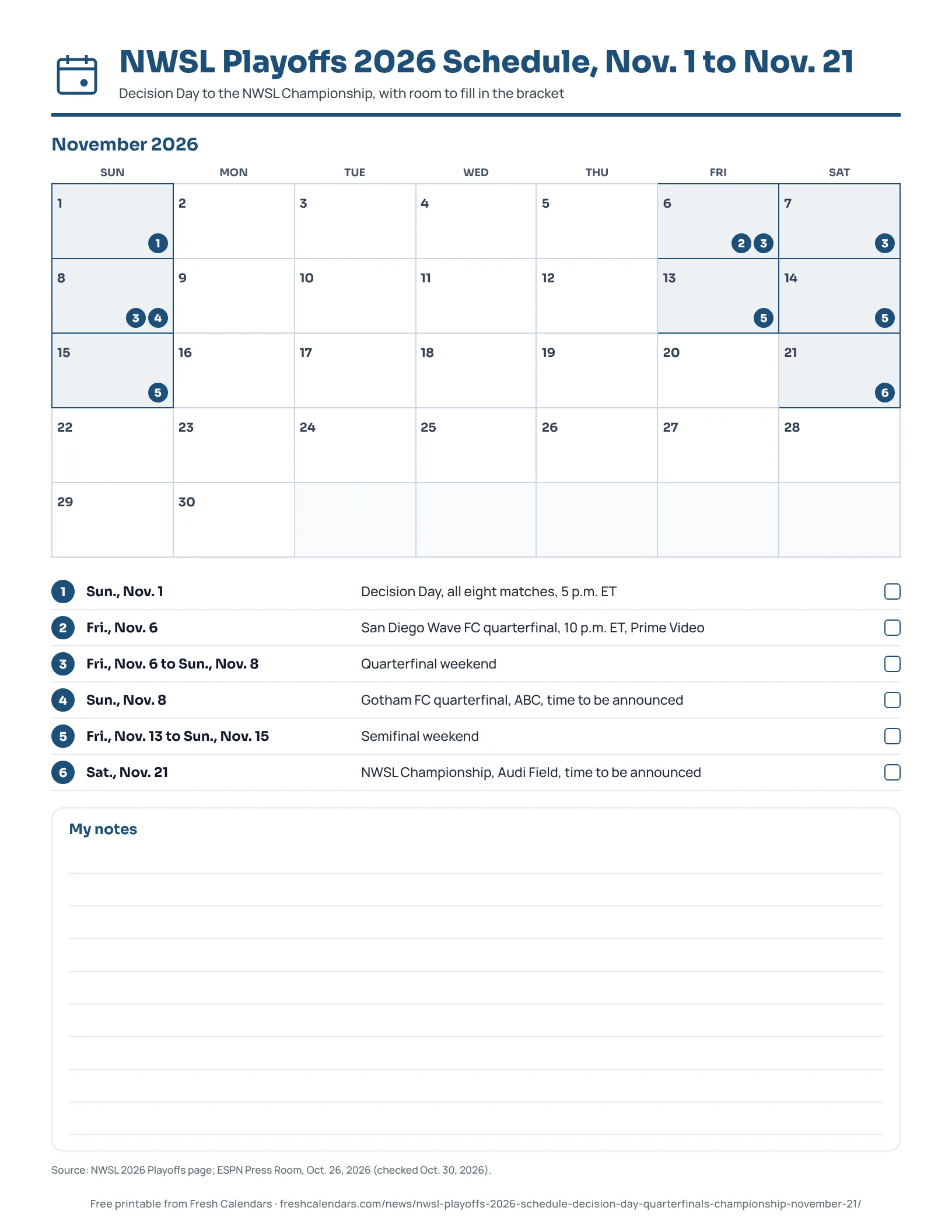 NWSL Playoffs 2026 Schedule, Nov. 1 to Nov. 21 Printable NWSL playoffs 2026 schedule from Decision Day on Nov. 1 to the NWSL Championship on Nov. 21