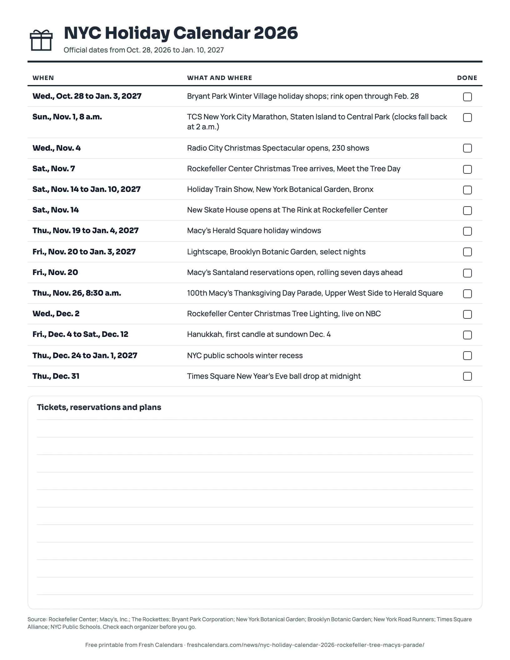 NYC holiday calendar 2026 printable listing the Rockefeller tree lighting, Macy's parade, Radio City, Bryant Park and botanical garden dates, ink-saver version