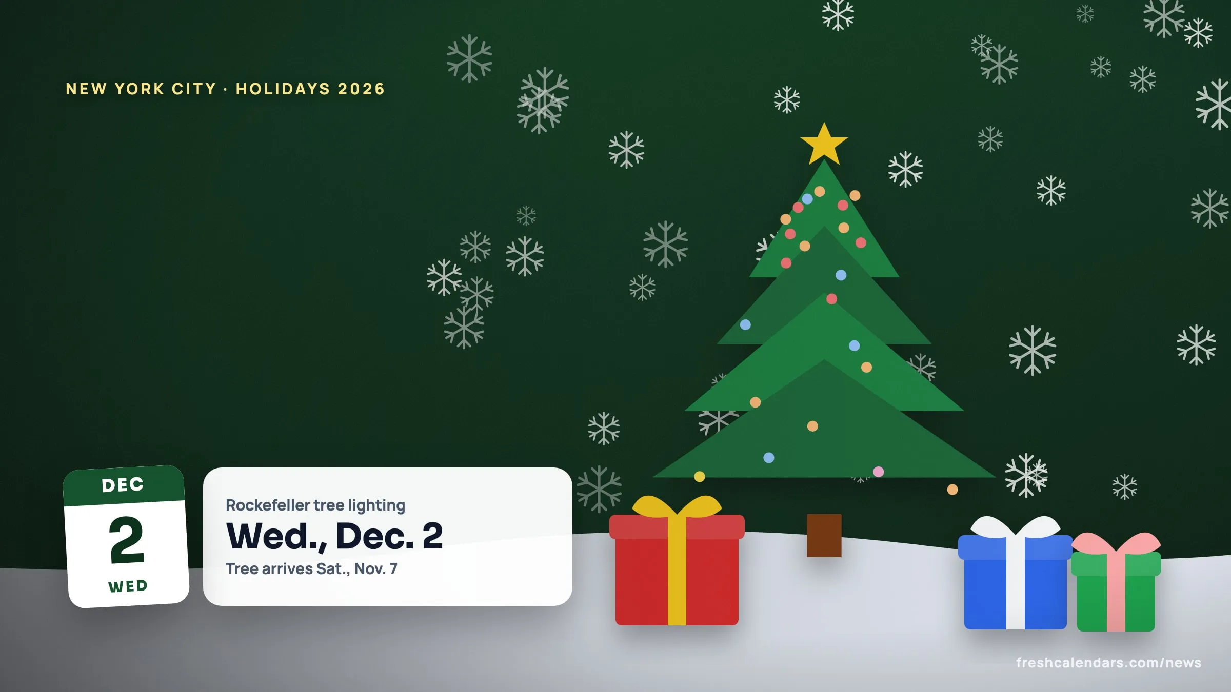NYC holiday calendar 2026 illustration: a snowy winter scene with a Dec. 2 date tile and a card for the Rockefeller Center tree lighting