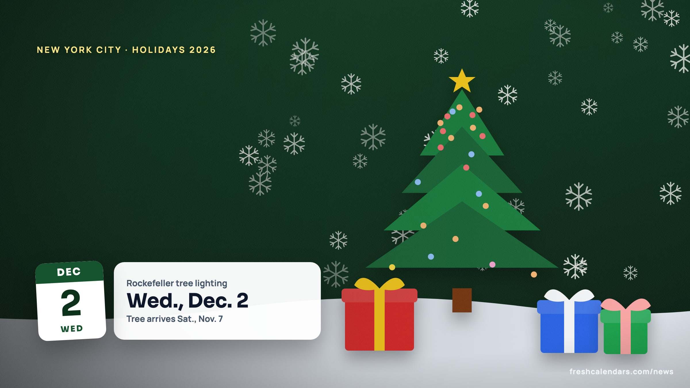 NYC holiday calendar 2026 illustration: a snowy winter scene with a Dec. 2 date tile and a card for the Rockefeller Center tree lighting