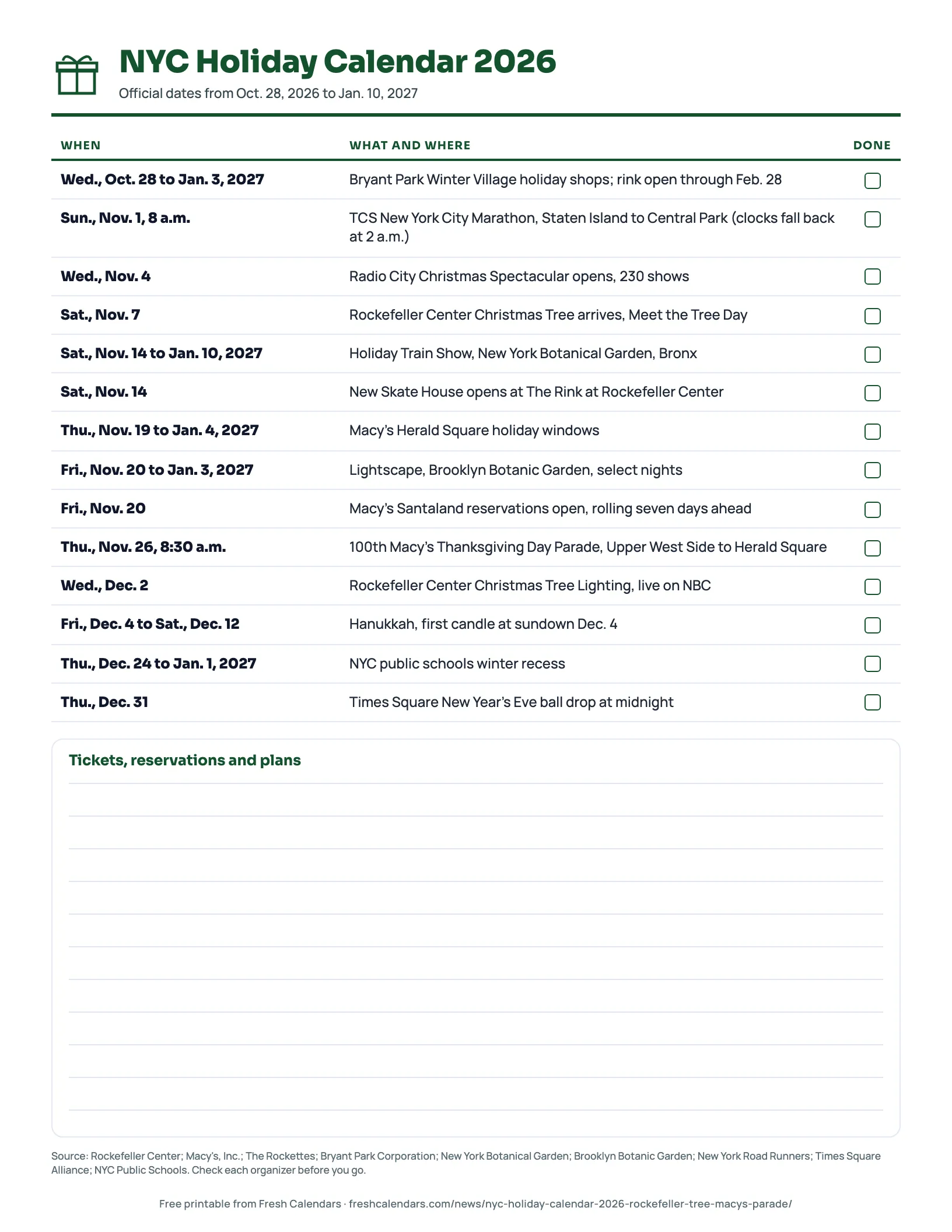 NYC holiday calendar 2026 printable listing the Rockefeller tree lighting, Macy's parade, Radio City, Bryant Park and botanical garden dates