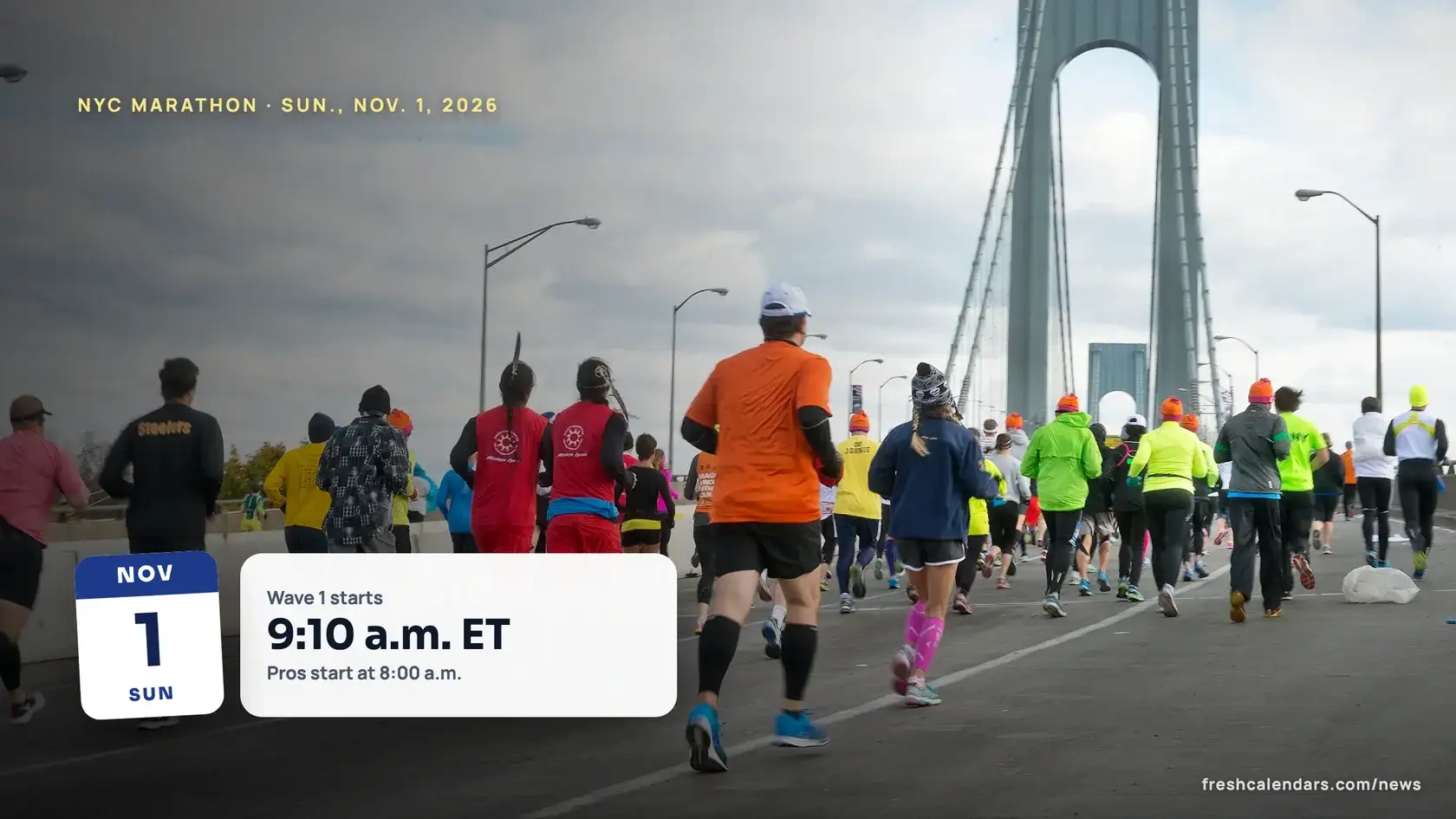 NYC Marathon runners seen from behind crossing the Verrazzano-Narrows Bridge from Staten Island, the race's first mile