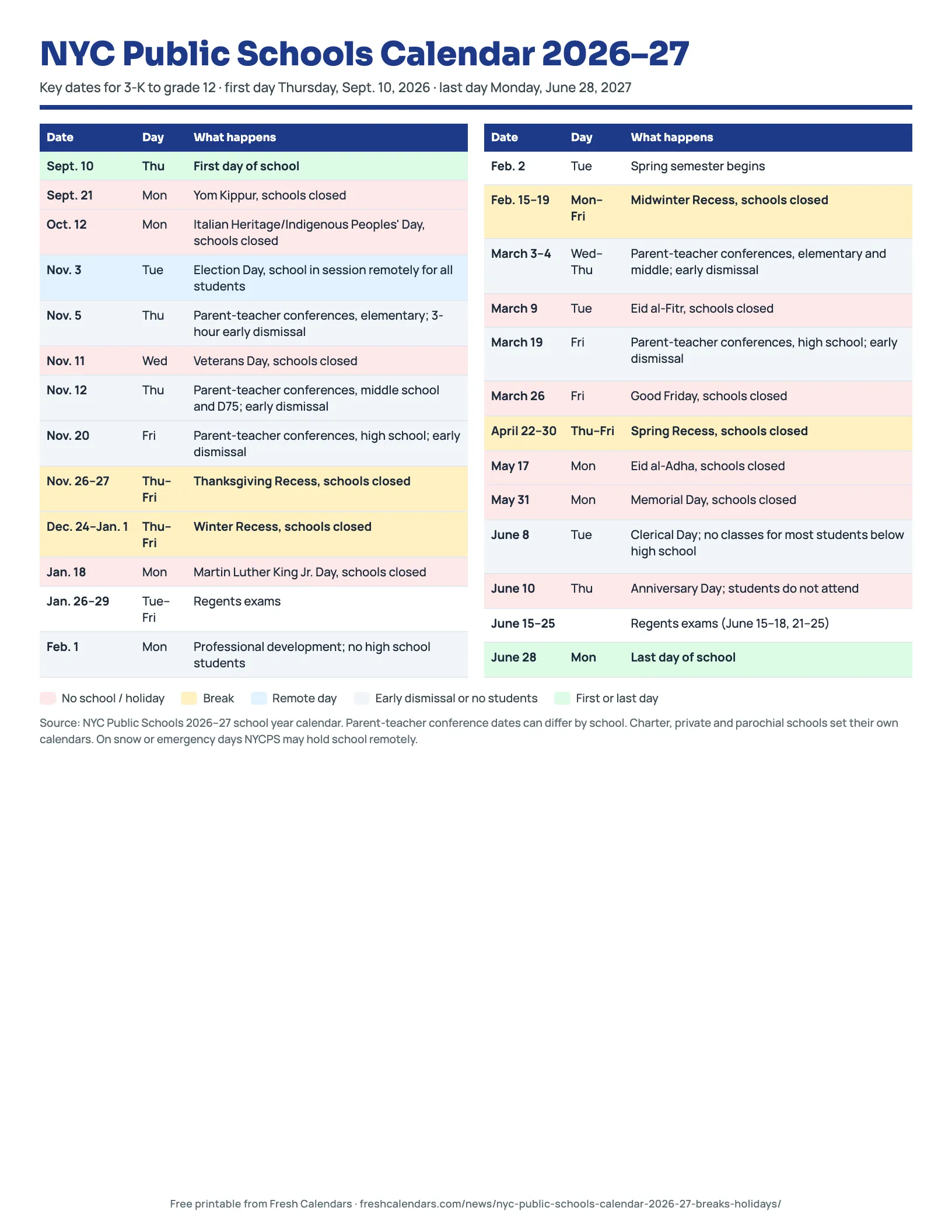 NYC public schools calendar 2026-27 printable listing recesses, holidays, the remote Election Day and the June 28 last day