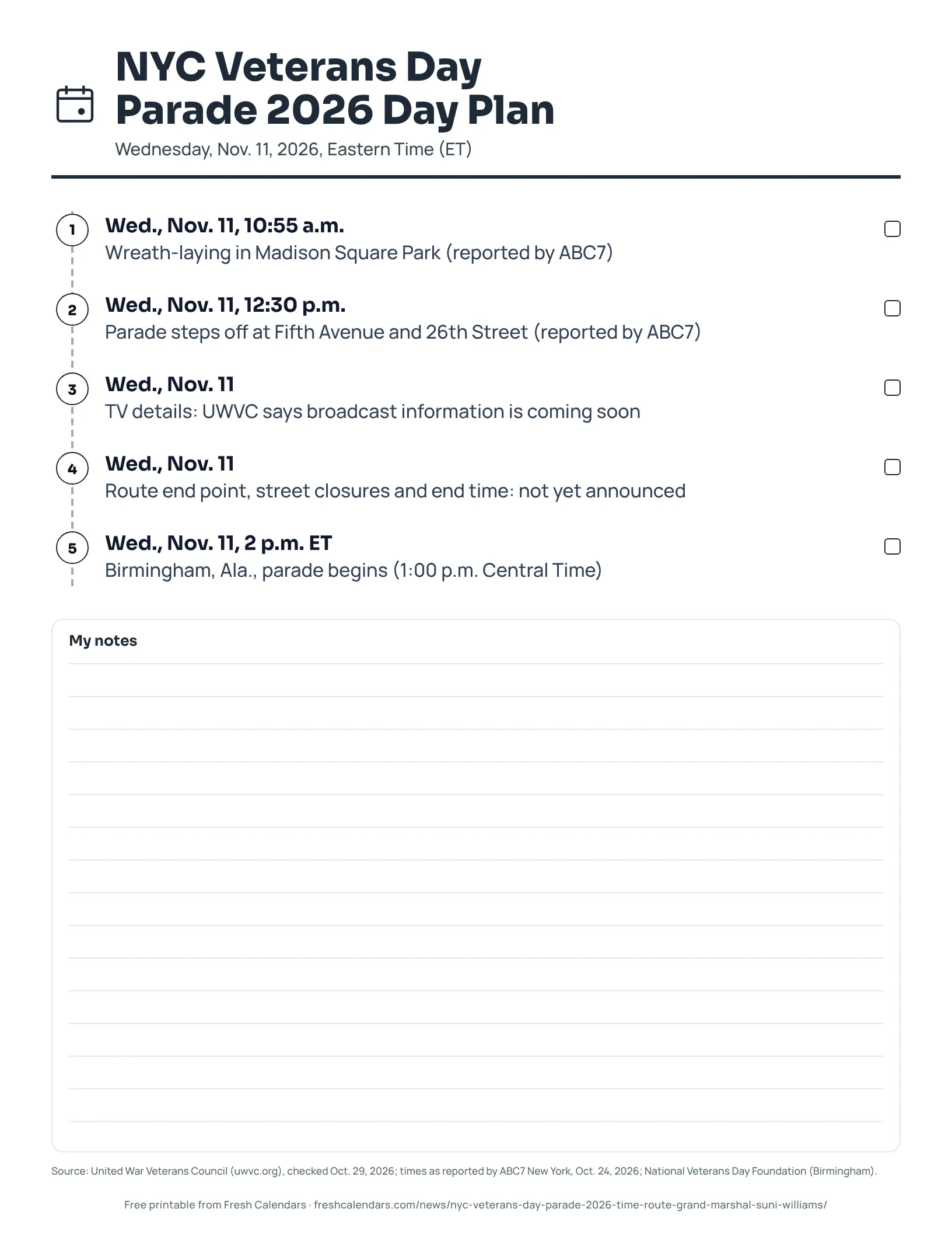 NYC Veterans Day Parade 2026 Day Plan (ink saver) Printable NYC Veterans Day Parade 2026 day plan for Nov. 11, ink-saver version