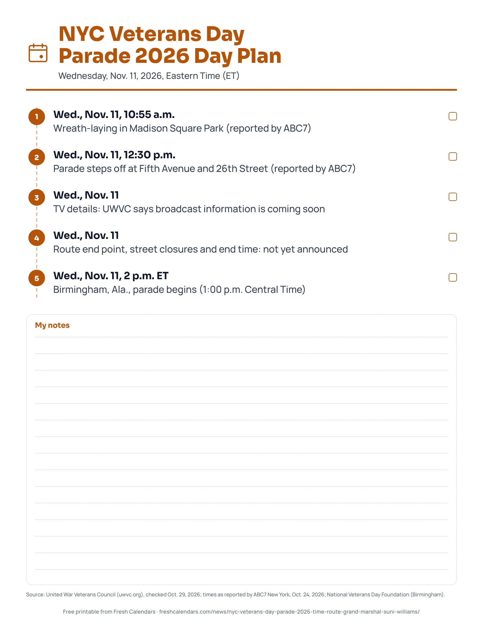 NYC Veterans Day Parade 2026 Day Plan Printable NYC Veterans Day Parade 2026 day plan with times for Nov. 11.