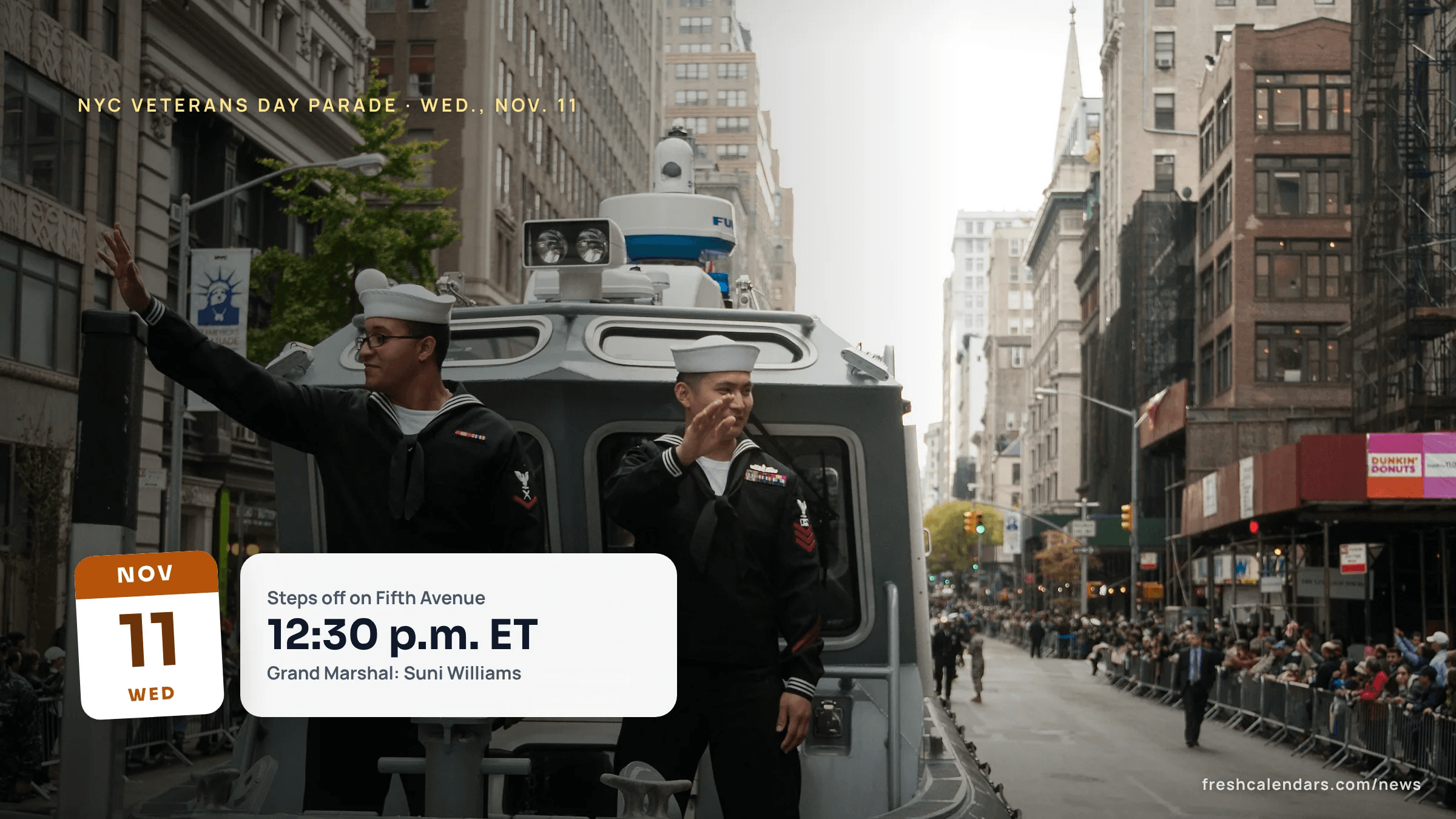 U.S. Navy sailors salute from a float on Fifth Avenue during the NYC Veterans Day Parade, which returns Nov. 11, 2026