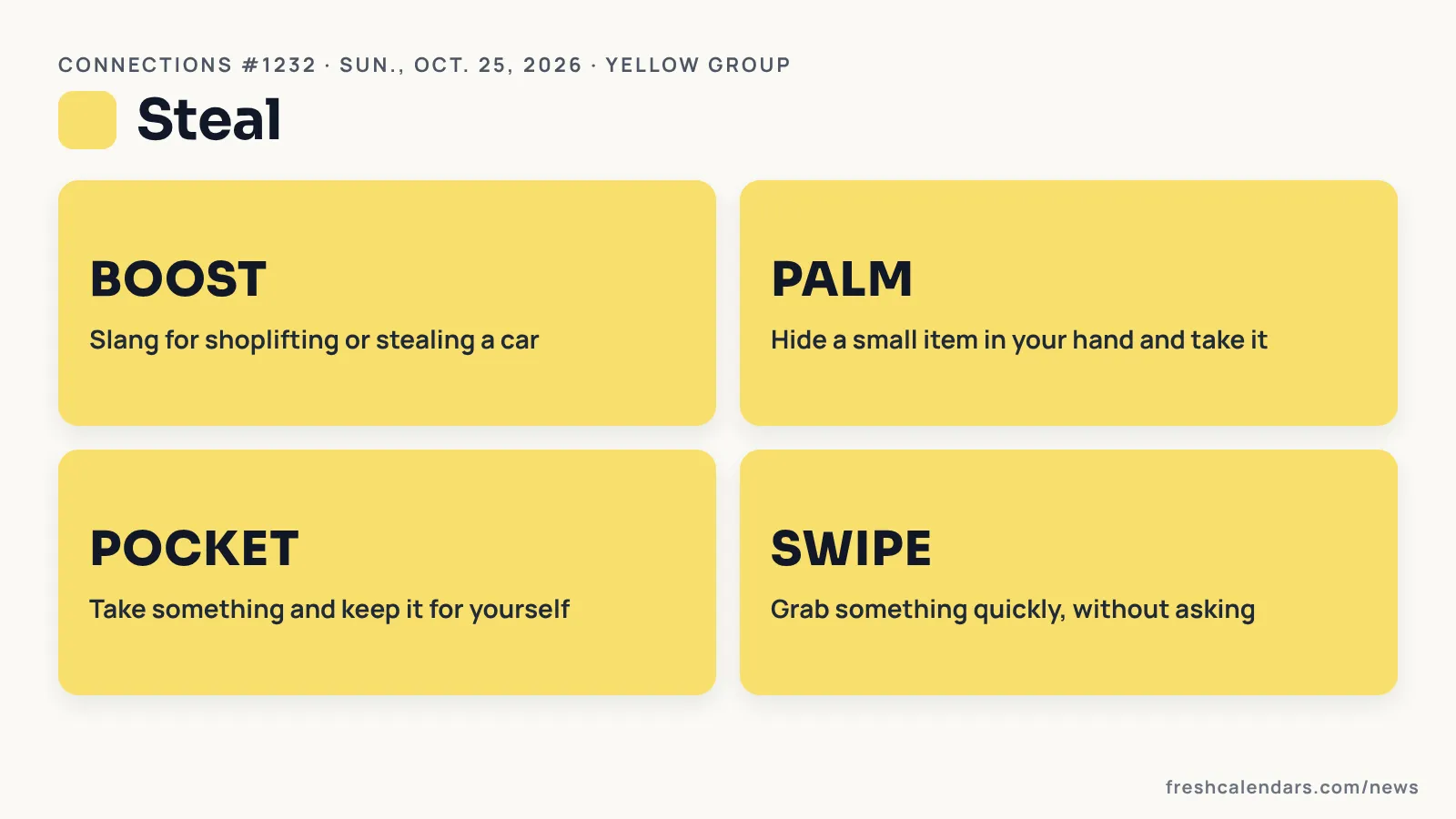 Connections #1232 yellow group: Steal Connections #1232 yellow group card: Steal, with Boost, Palm, Pocket and Swipe and the meaning of each