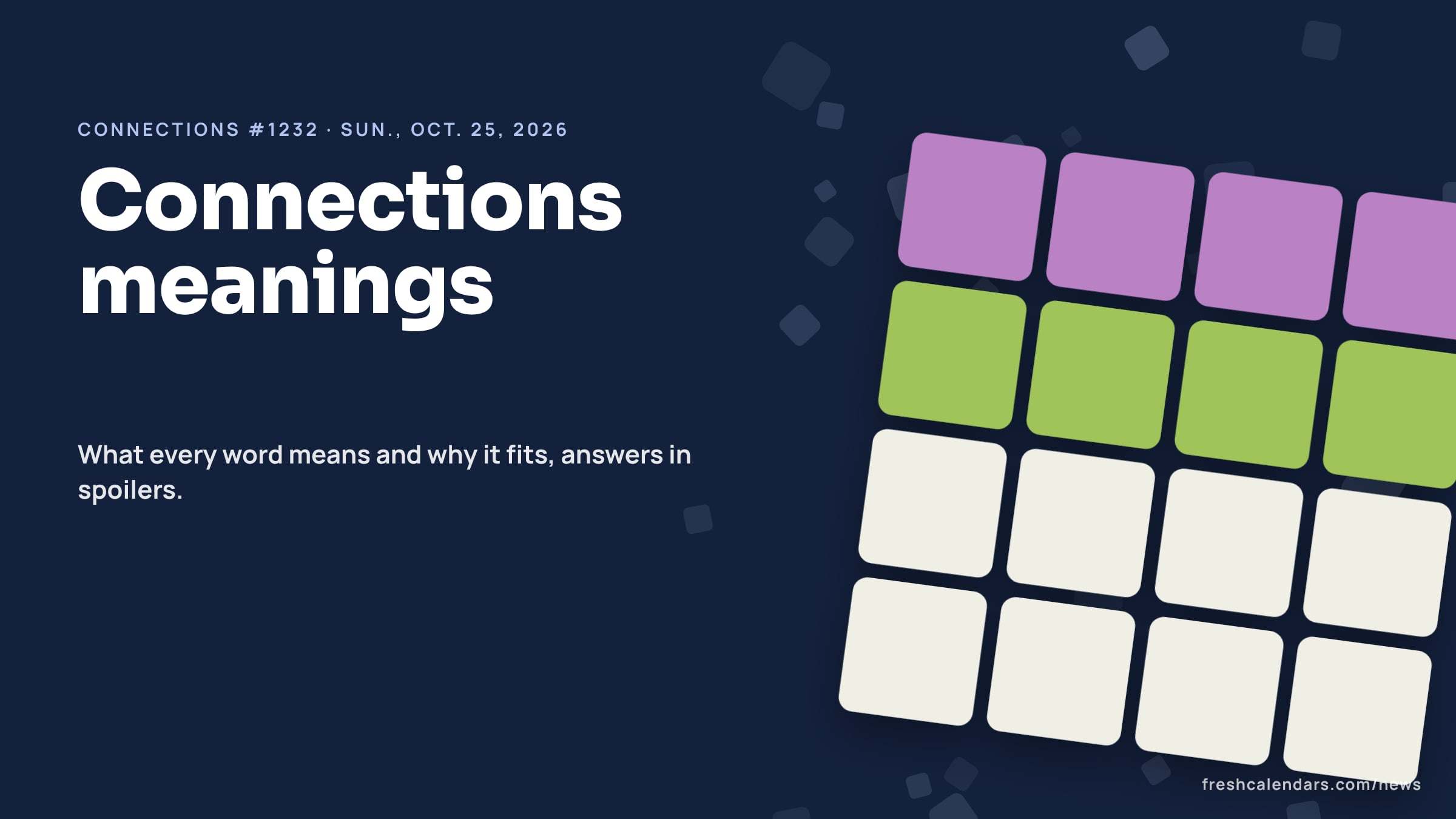 Connections answers explained for Oct. 25, 2026, puzzle #1232: a four-by-four board of word tiles with colored rows, no words shown