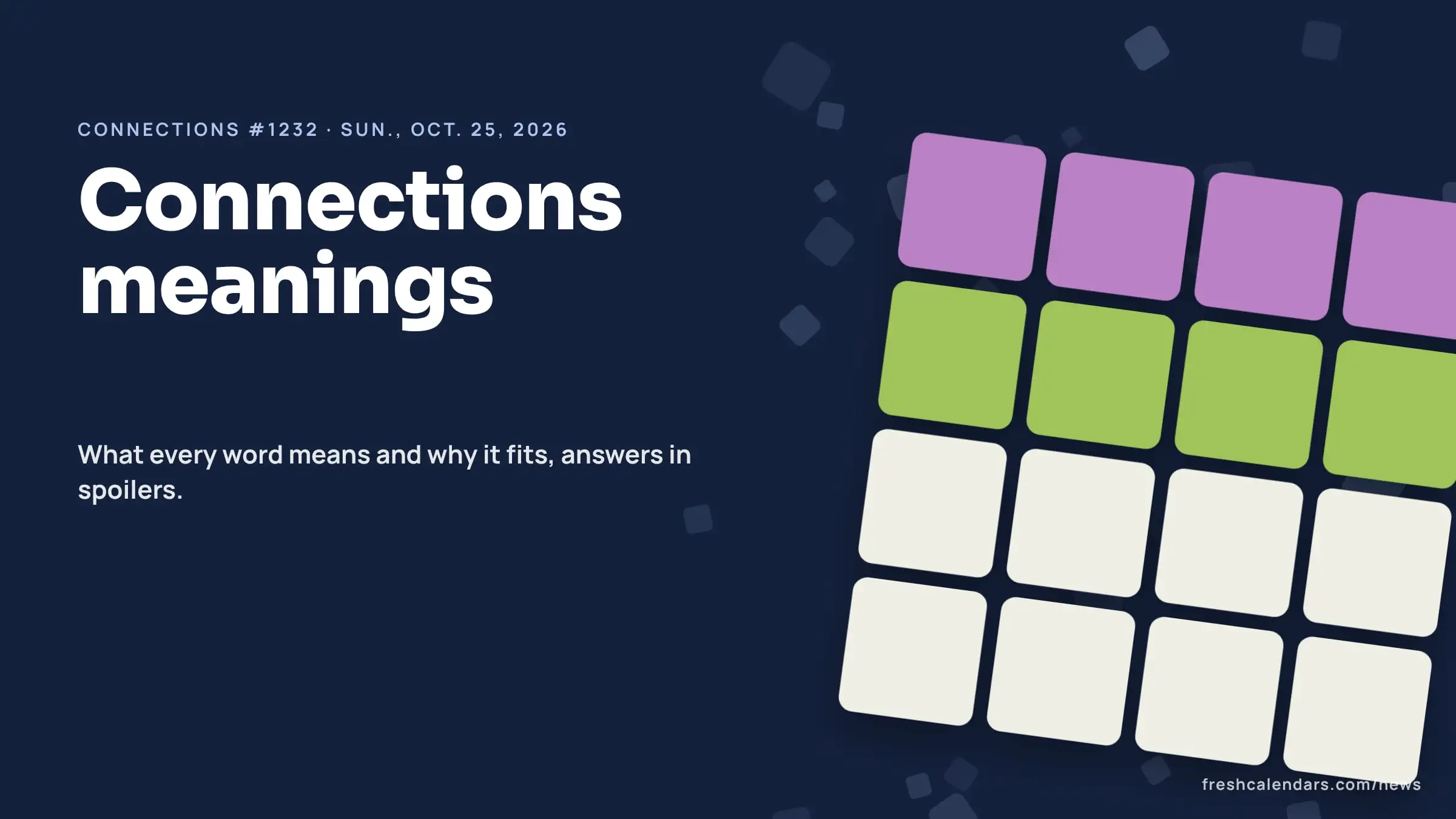 Connections answers explained for Oct. 25, 2026, puzzle #1232: a four-by-four board of word tiles with colored rows, no words shown