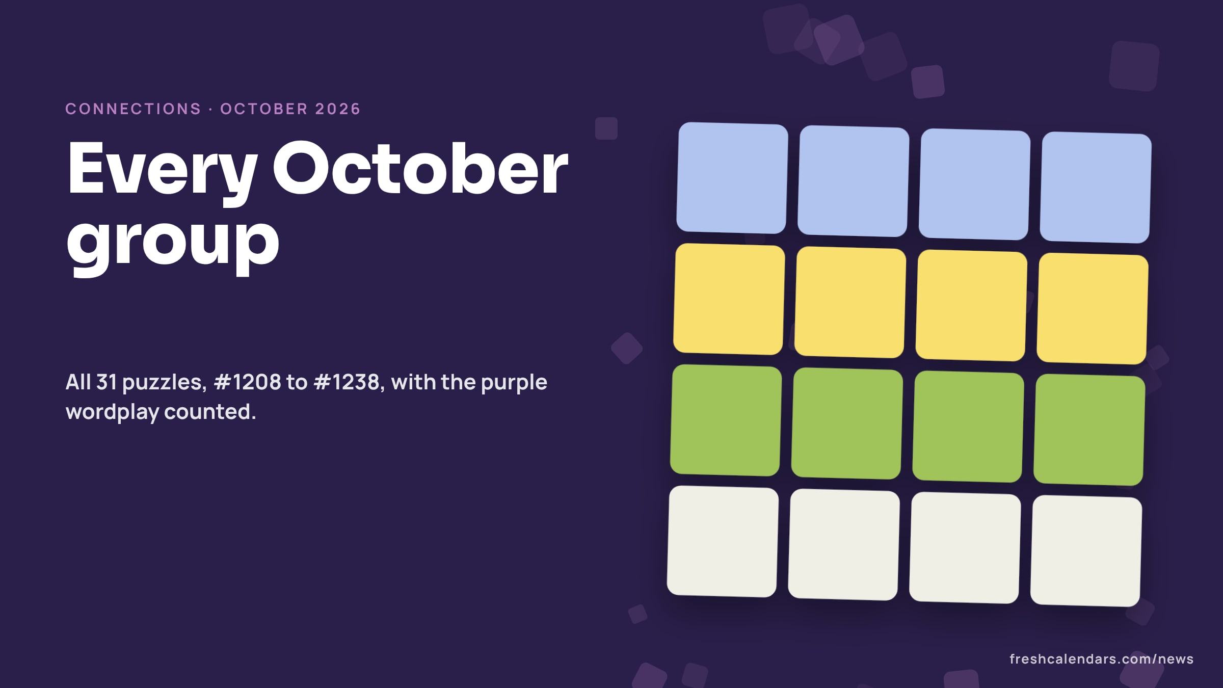 Connections answers for October 2026: a four-by-four board of word tiles with the four rows solved in yellow, green, blue and purple