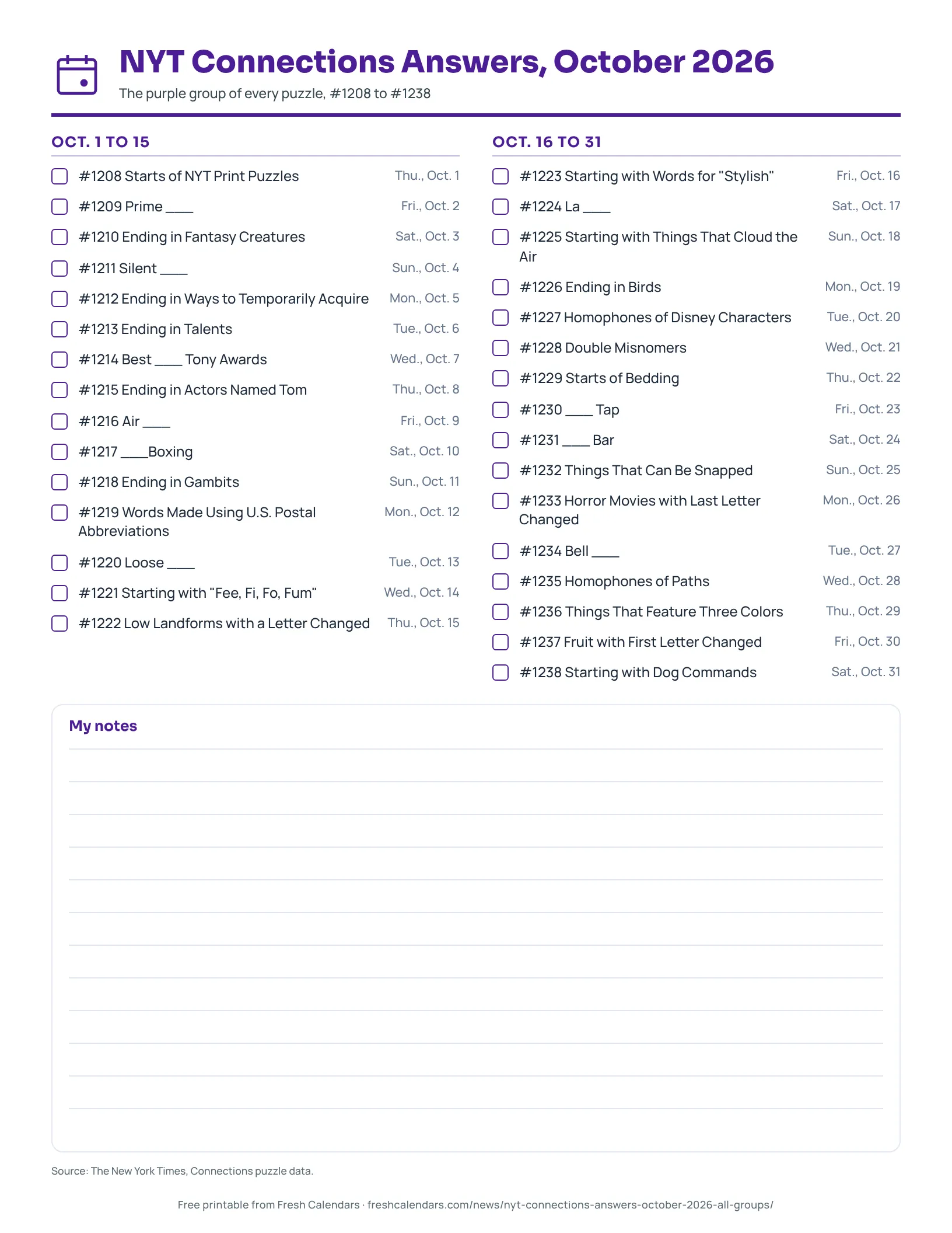 Printable list of the purple groups for the 31 Connections puzzles of October 2026, from #1208 to #1238