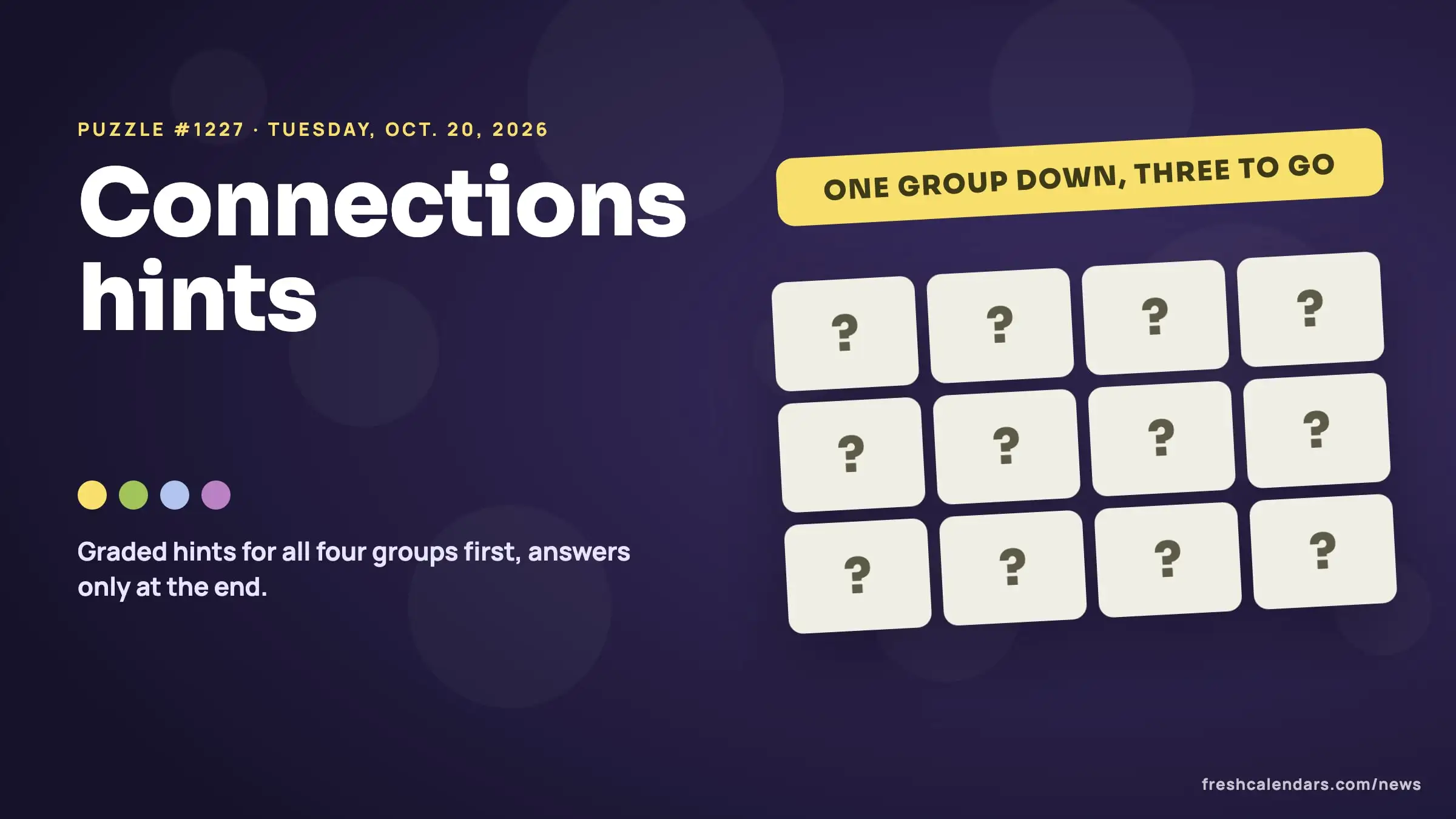 Connections hints for Oct. 20, 2026, puzzle #1227: a word-game board of question-mark tiles with one row solved, on a purple background