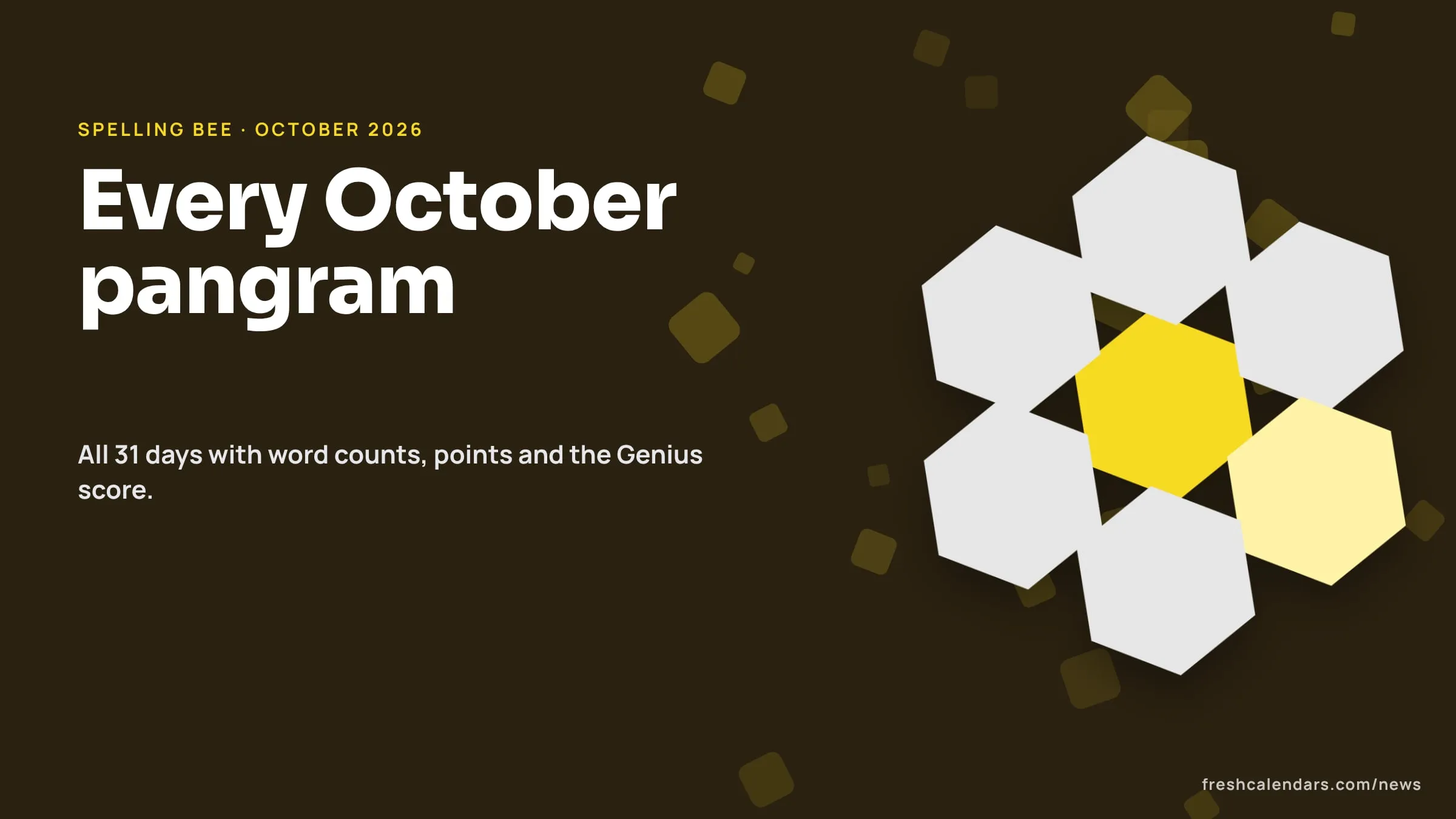Spelling Bee answers for October 2026: a honeycomb of seven letter cells, no letters shown