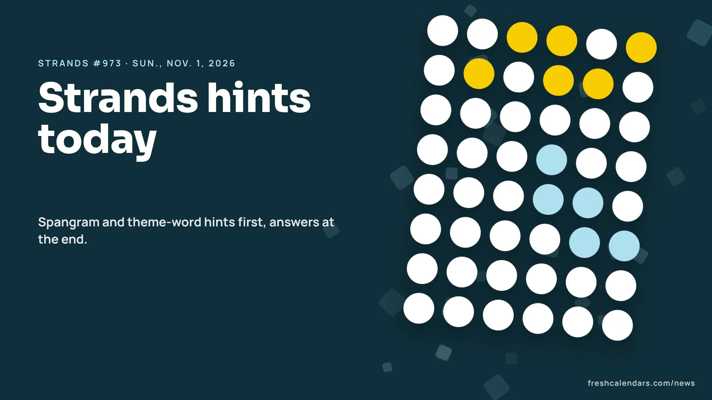 NYT Strands Hints and Answers for Sunday, Nov. 1, 2026 (#973): Hints for the Spangram and Seven Theme Words Strands hints for Nov. 1, 2026, puzzle #973: a board of blank letter circles with a yellow spangram path and blue theme words