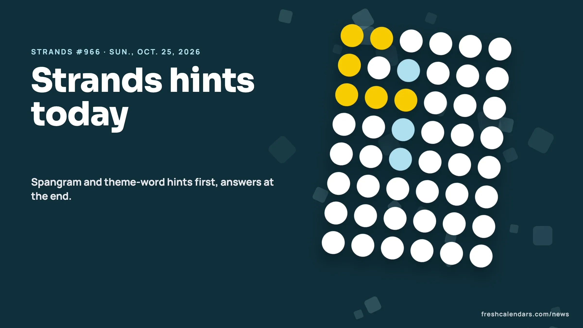Strands hints for Oct. 25, 2026, puzzle #966: a board of blank letter circles with a yellow spangram path and blue theme words