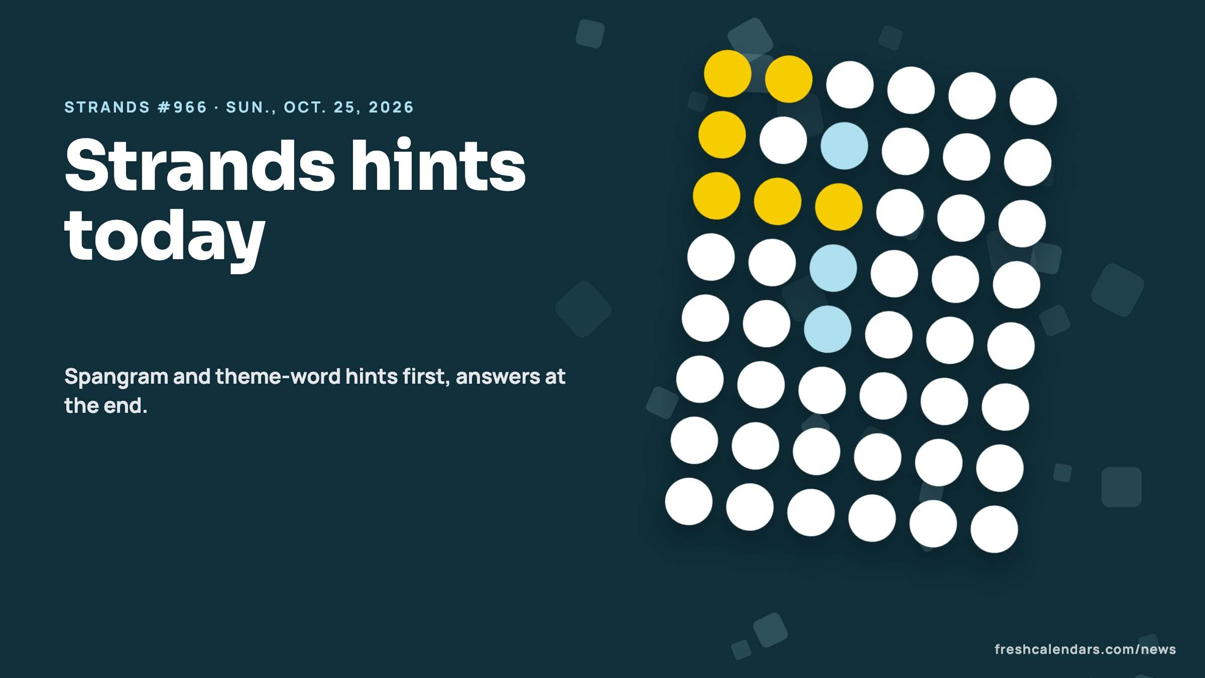 Strands hints for Oct. 25, 2026, puzzle #966: a board of blank letter circles with a yellow spangram path and blue theme words