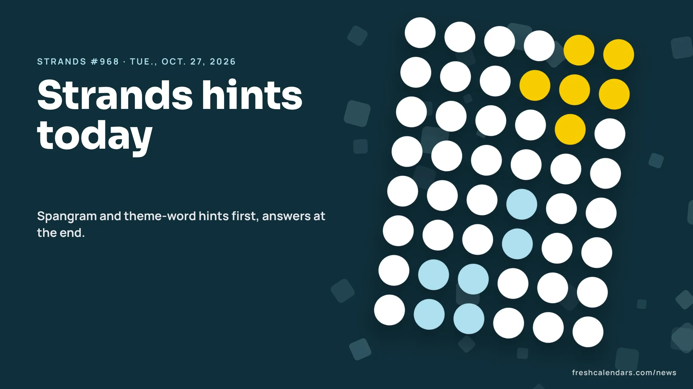 NYT Strands Hints and Answers for Tuesday, Oct. 27, 2026 (#968): Hints for the Spangram and Six Theme Words Strands hints for Oct. 27, 2026, puzzle #968: a board of blank letter circles with a yellow spangram path and blue theme words