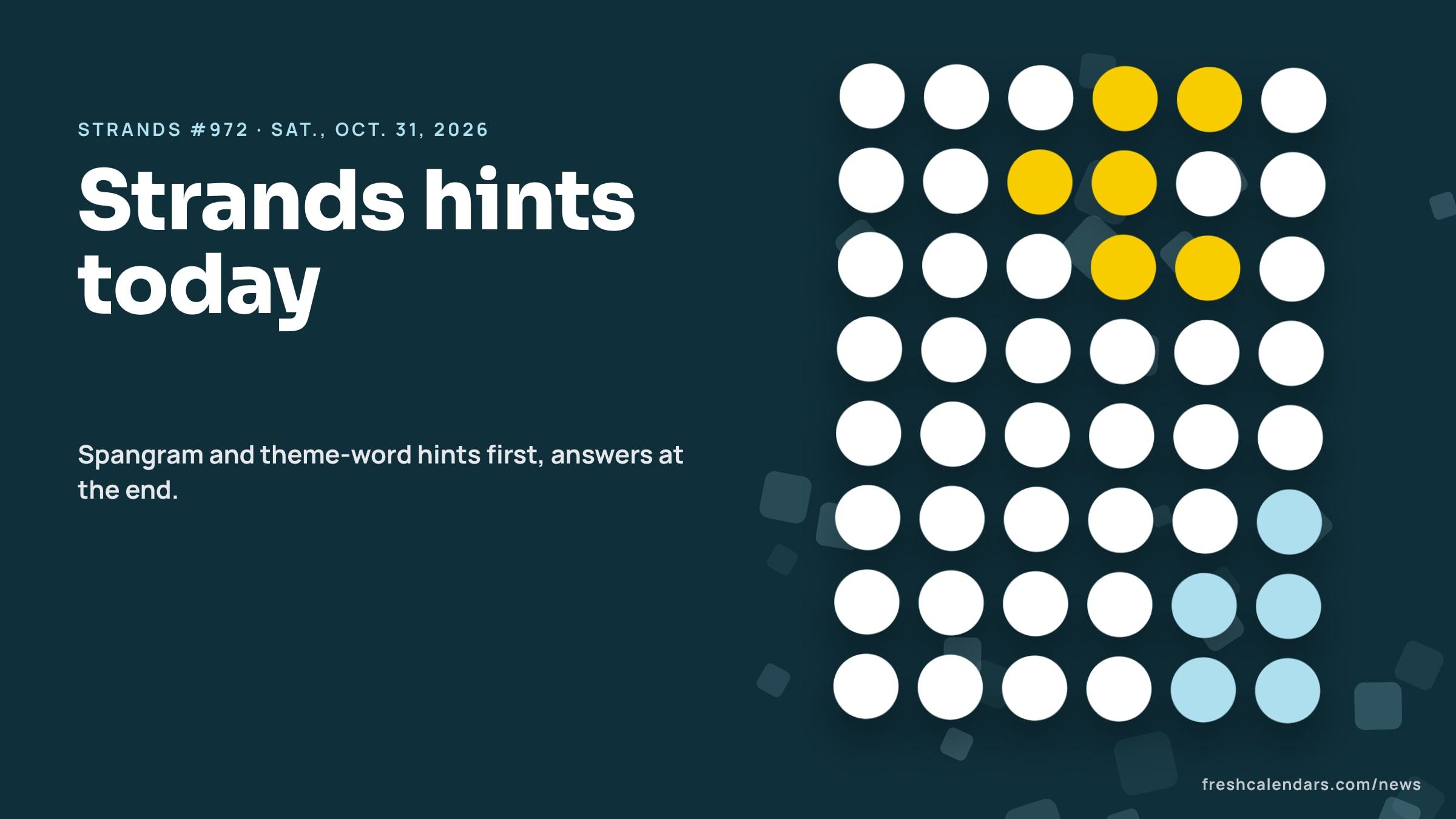 Strands hints for Oct. 31, 2026, puzzle #972: a board of blank letter circles with a yellow spangram path and blue theme words