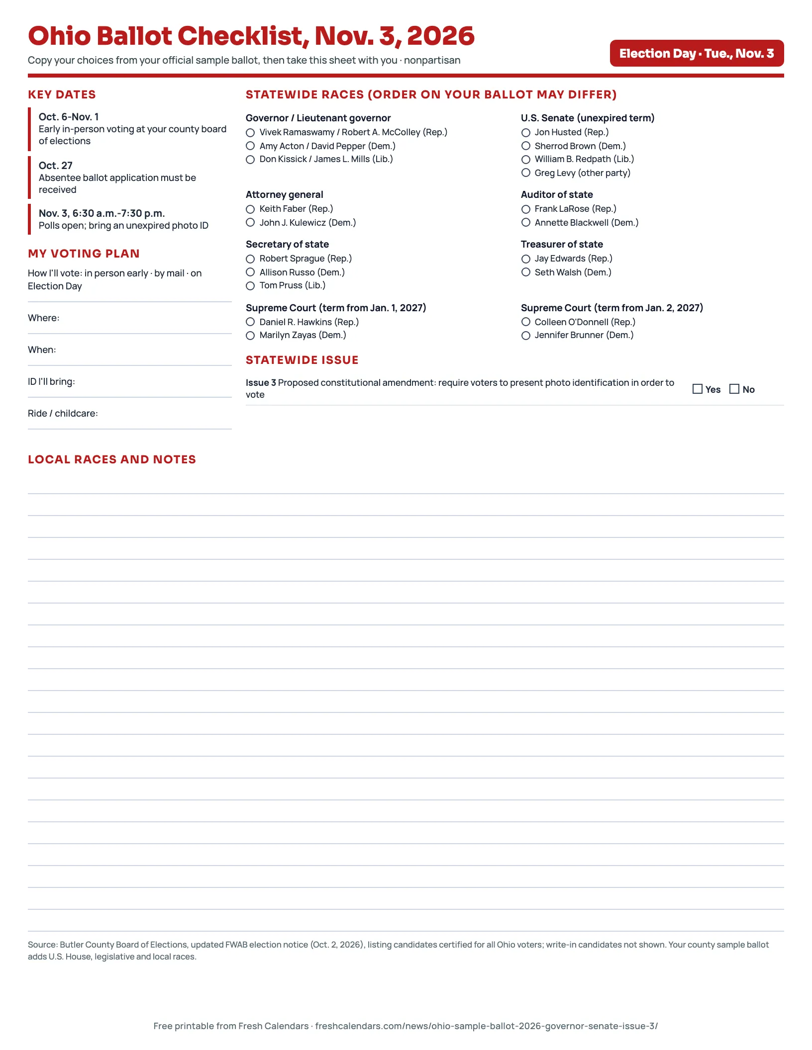 Ohio ballot checklist 2026 printable listing governor, U.S. Senate, statewide offices, Supreme Court candidates and Issue 3