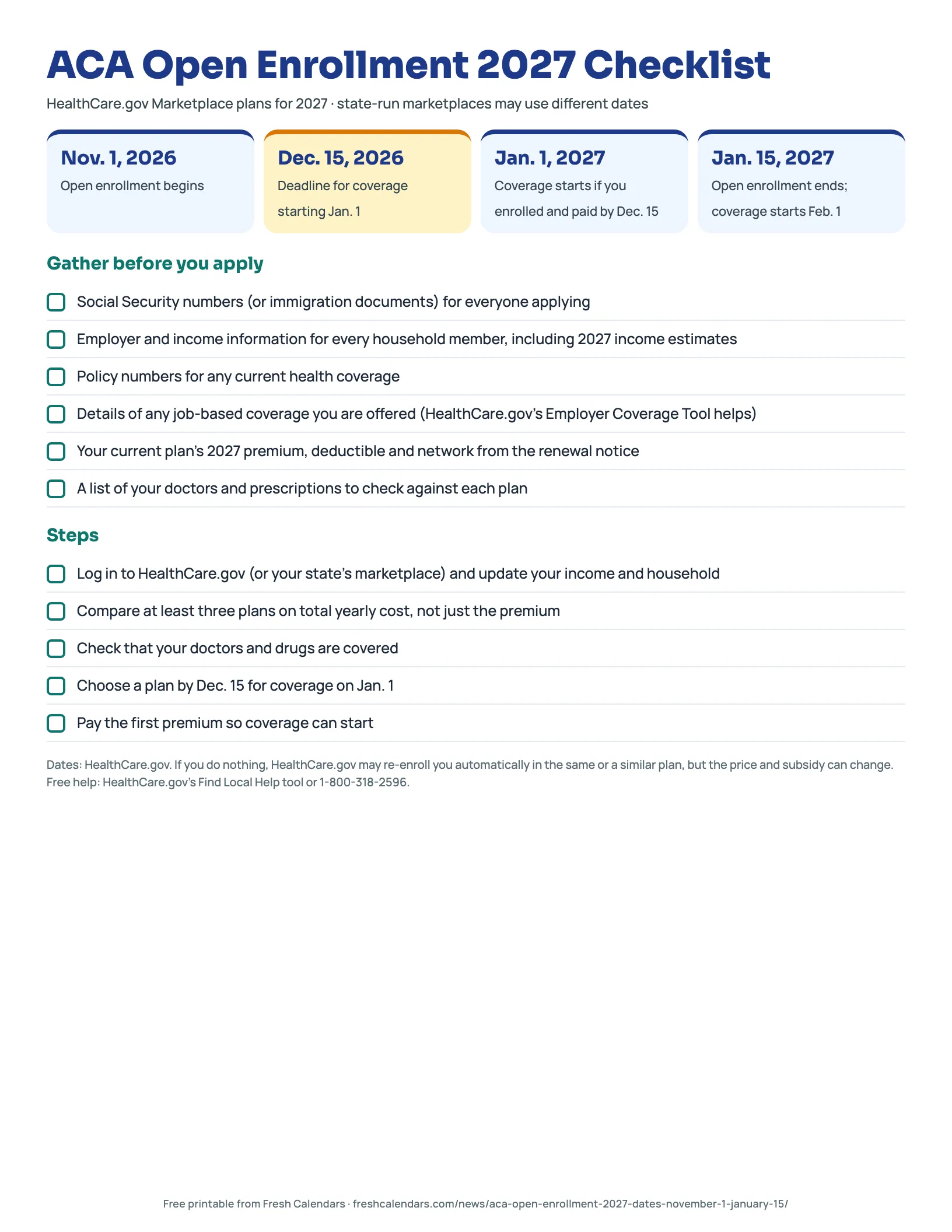 ACA open enrollment 2027 checklist printable with Nov. 1, Dec. 15, Jan. 1 and Jan. 15 dates and documents to gather