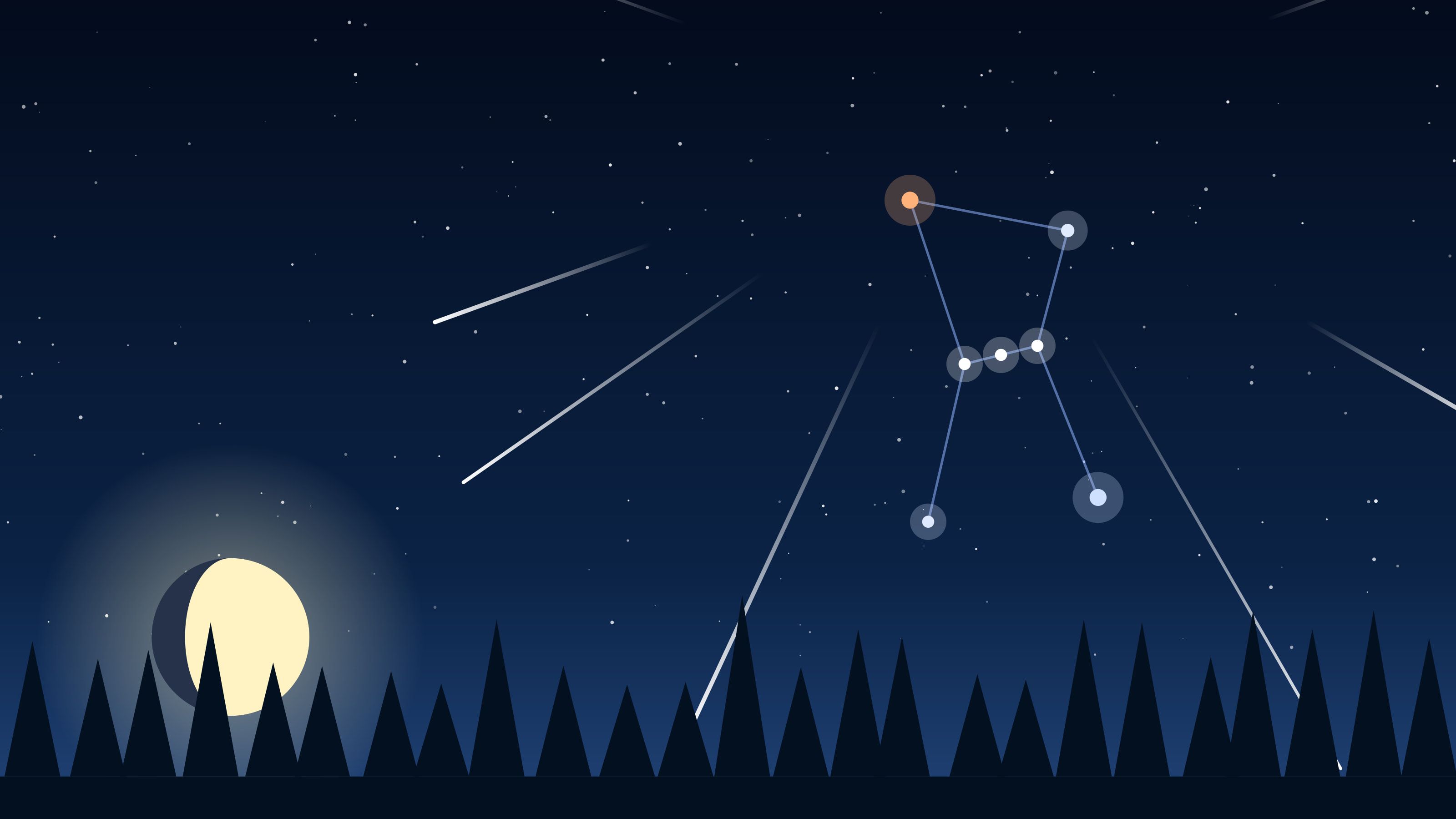 Illustration of meteors streaking away from the constellation Orion above a pine forest while a gibbous moon sets