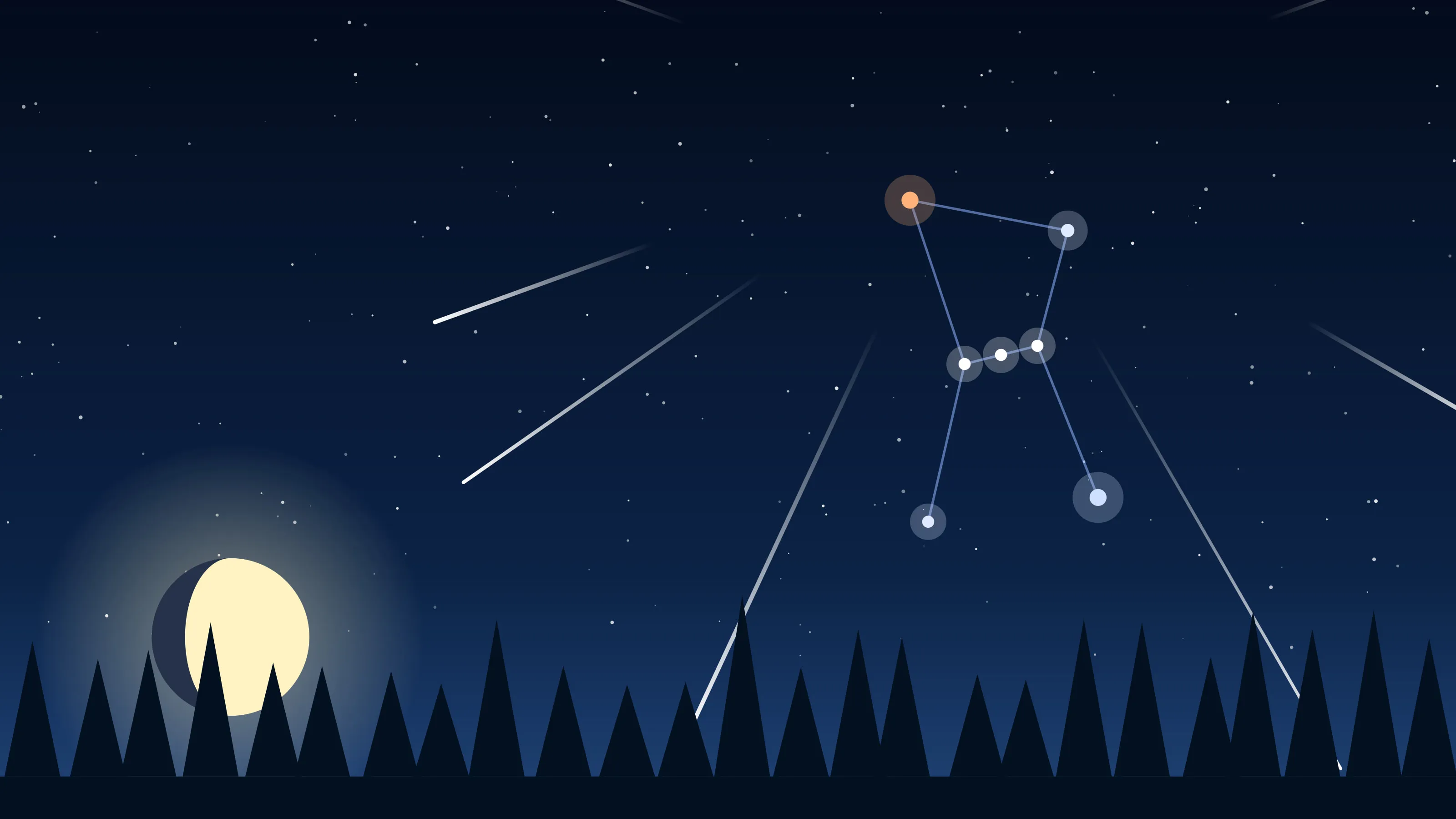 Illustration of meteors streaking away from the constellation Orion above a pine forest while a gibbous moon sets