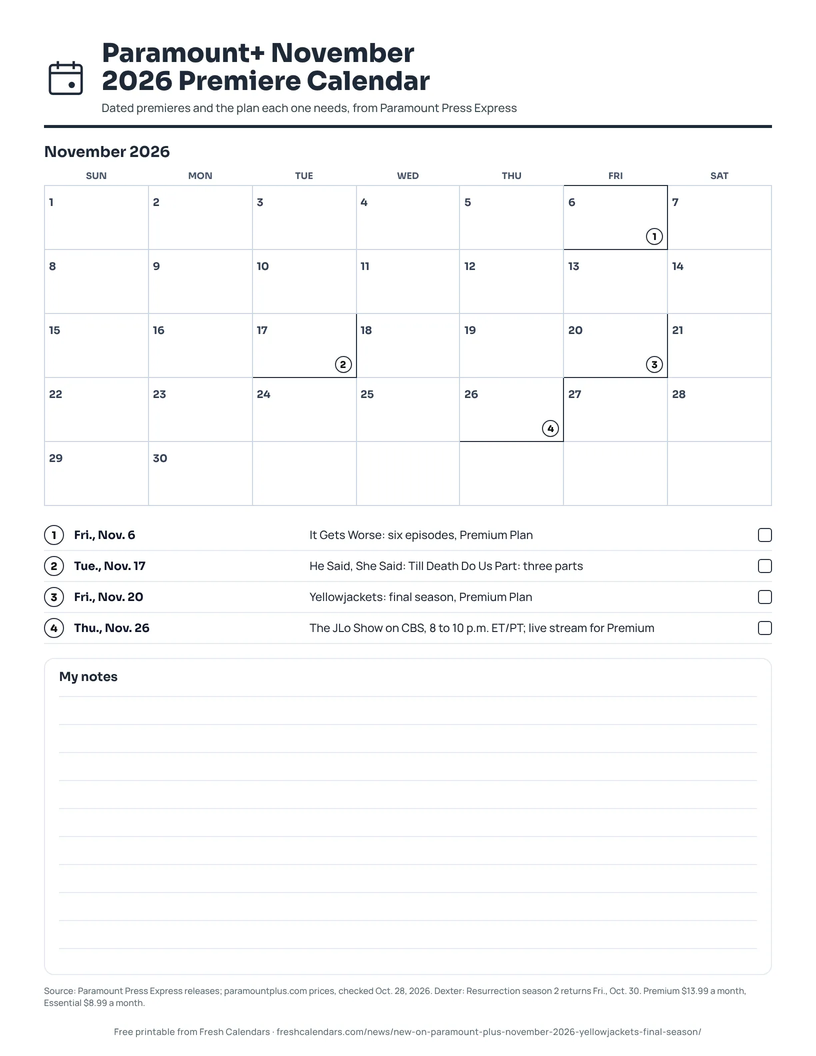 Printable Paramount+ November 2026 month calendar with four premiere dates marked, ink-saver version