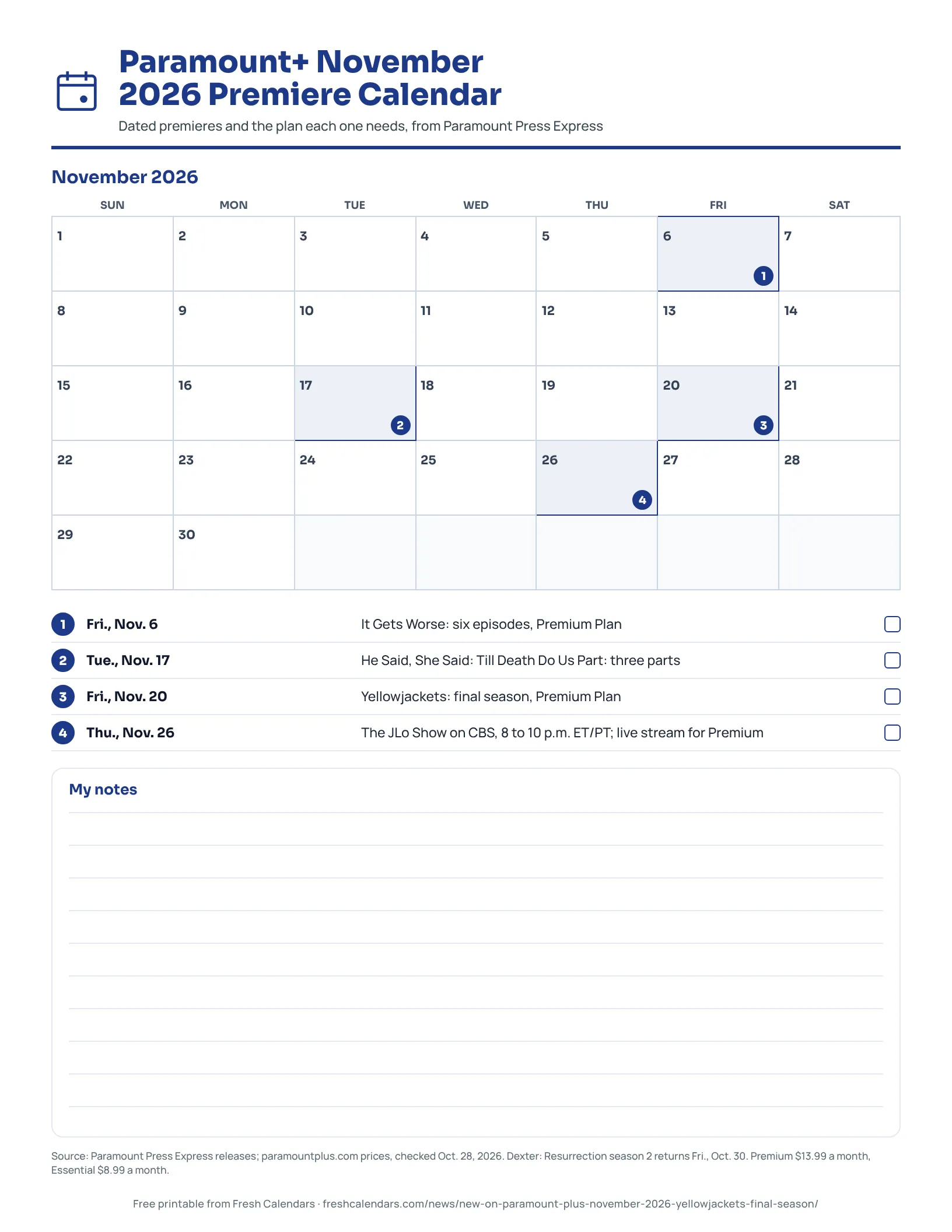 Printable Paramount+ November 2026 month calendar with four premiere dates marked