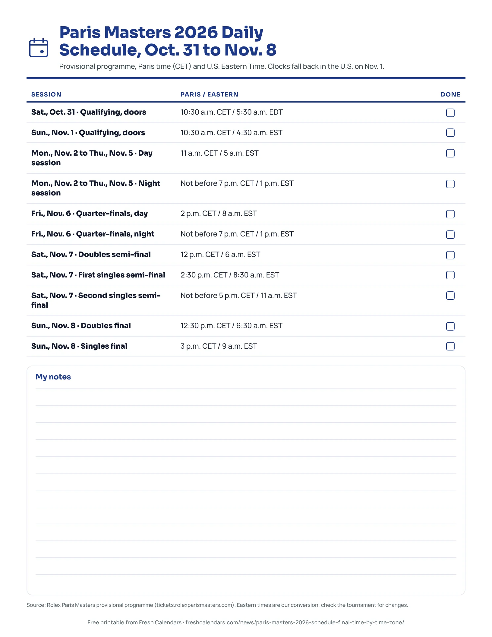 Paris Masters 2026 daily schedule listing sessions from Oct. 31 to Nov. 8 in Paris and Eastern time