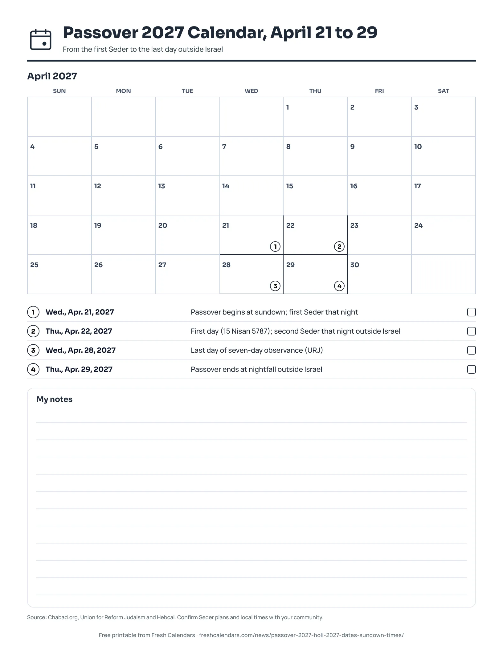 Printable April 2027 calendar marking Passover from April 21 to April 29, ink-saver version