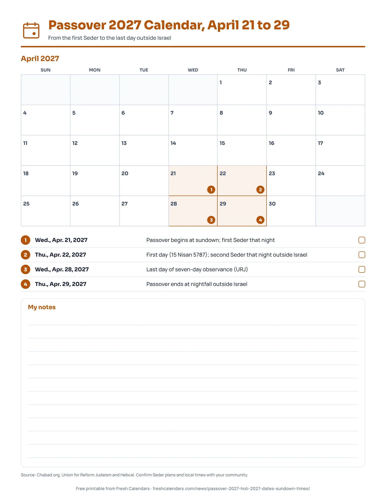 Printable April 2027 calendar marking Passover from April 21 to April 29