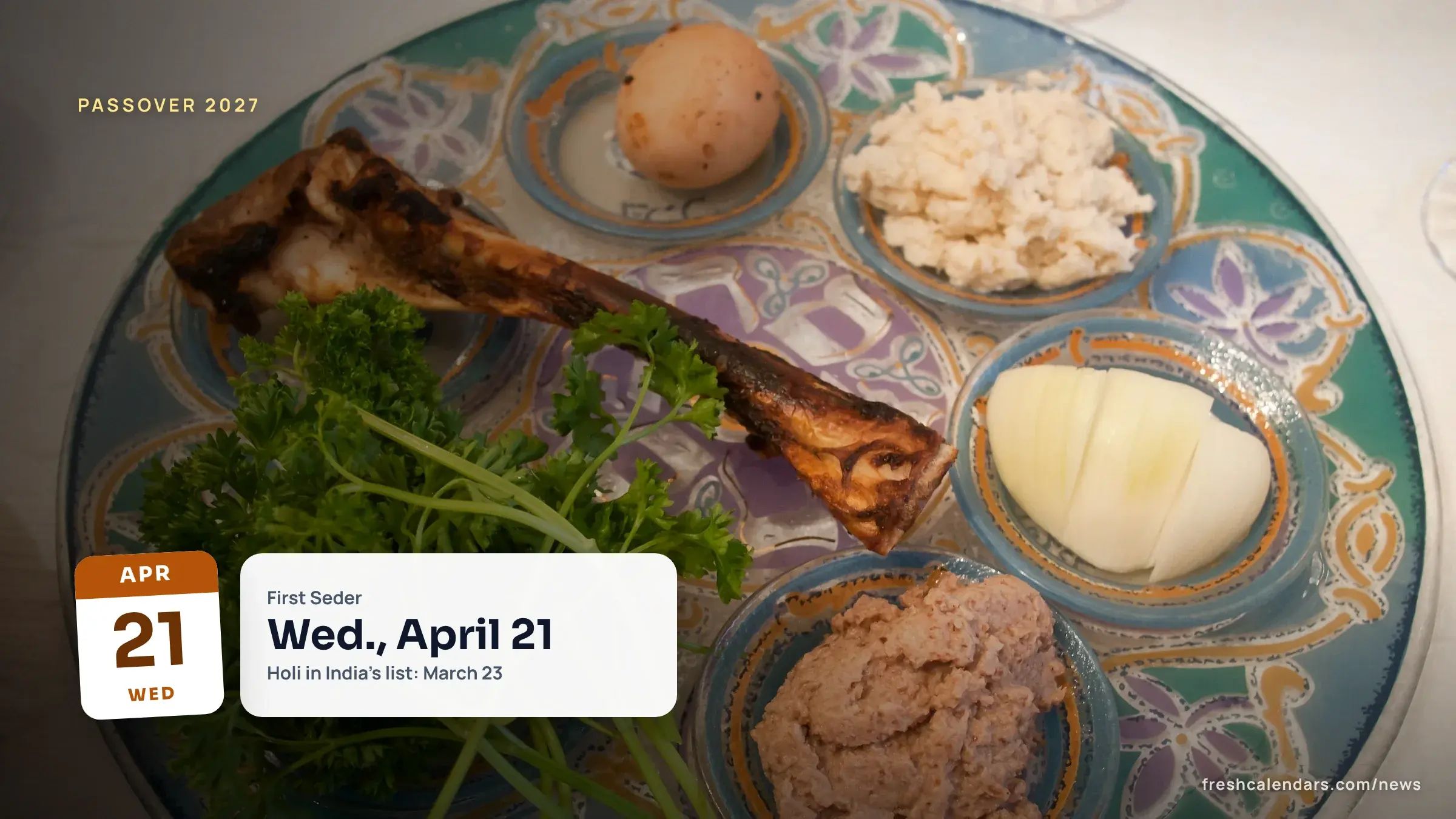 Passover 2027 begins at sundown April 21: a Seder plate set for the Passover meal