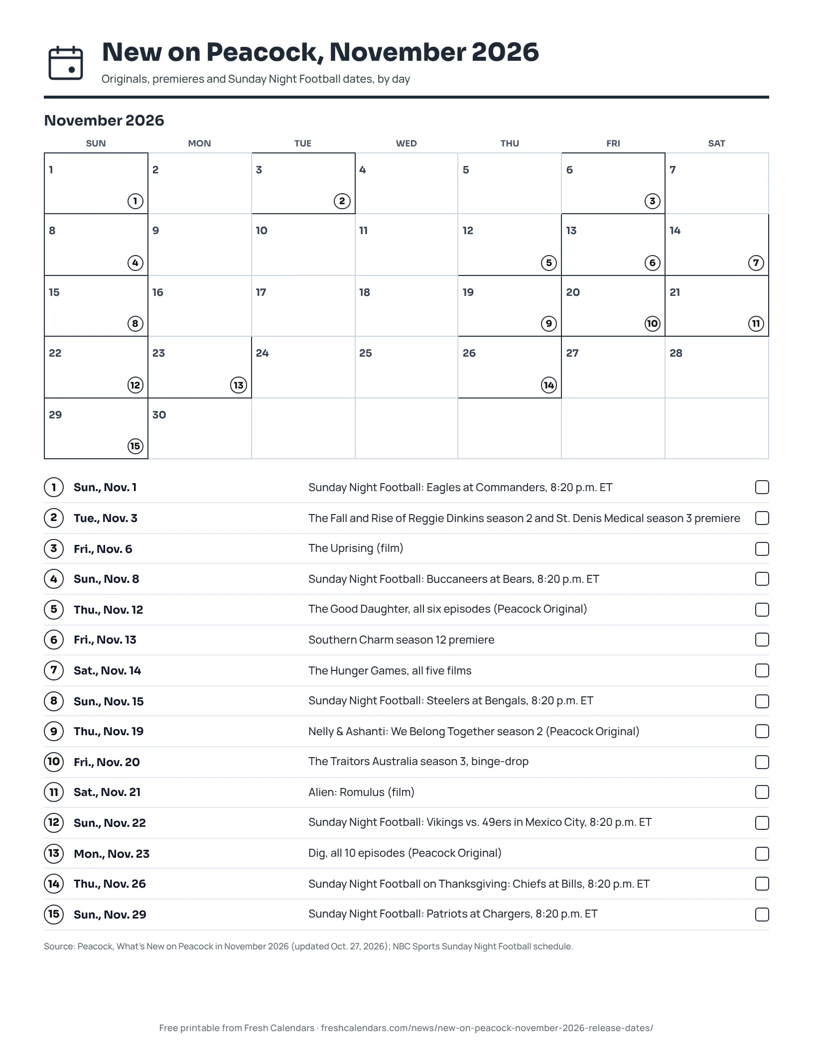 New on Peacock, November 2026 (ink saver) Printable Peacock November 2026 month calendar with Peacock titles and Sunday Night Football games marked on their dates, ink-saver version