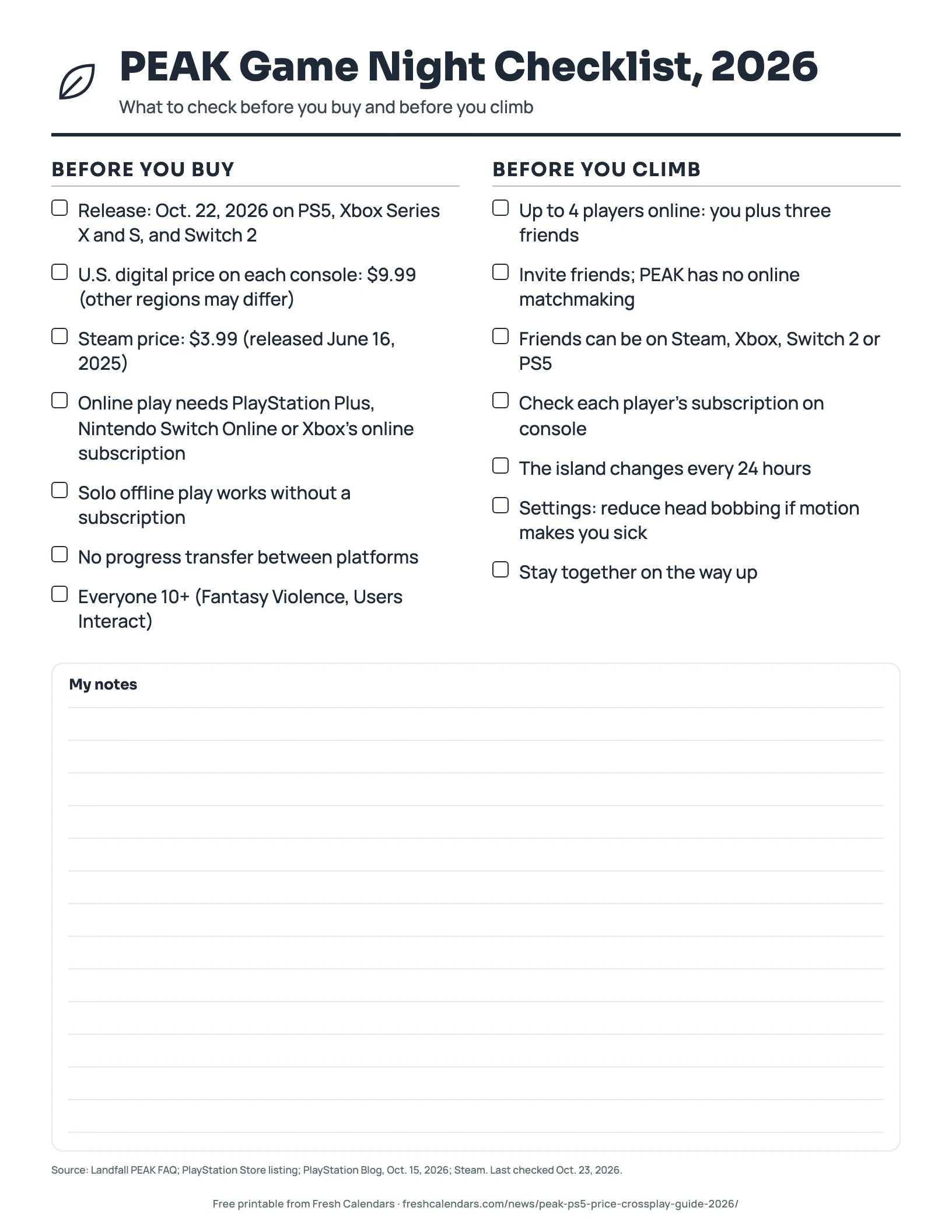 Printable PEAK game night checklist with tick boxes for before you buy and before you climb, ink-saver version