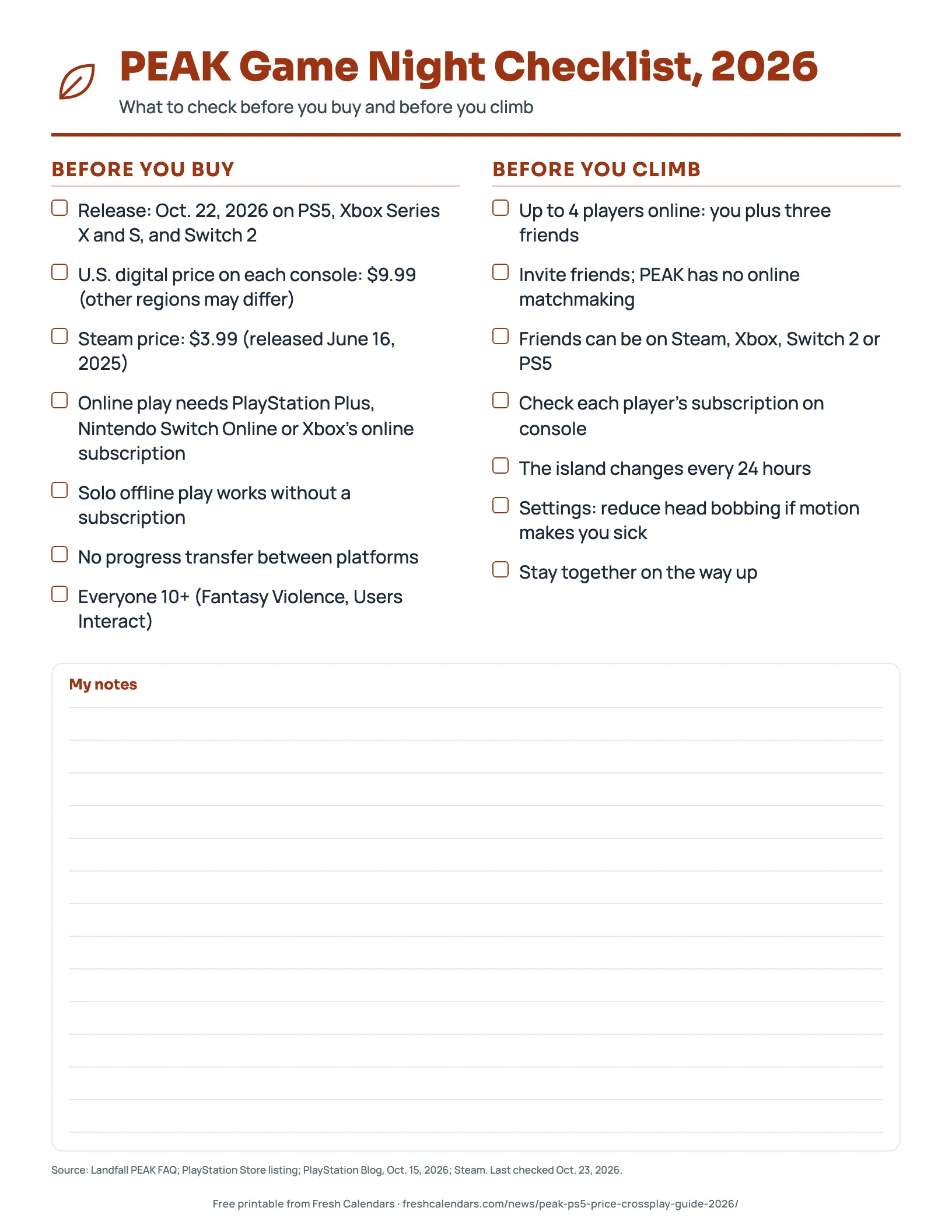 Printable PEAK game night checklist with tick boxes for before you buy and before you climb