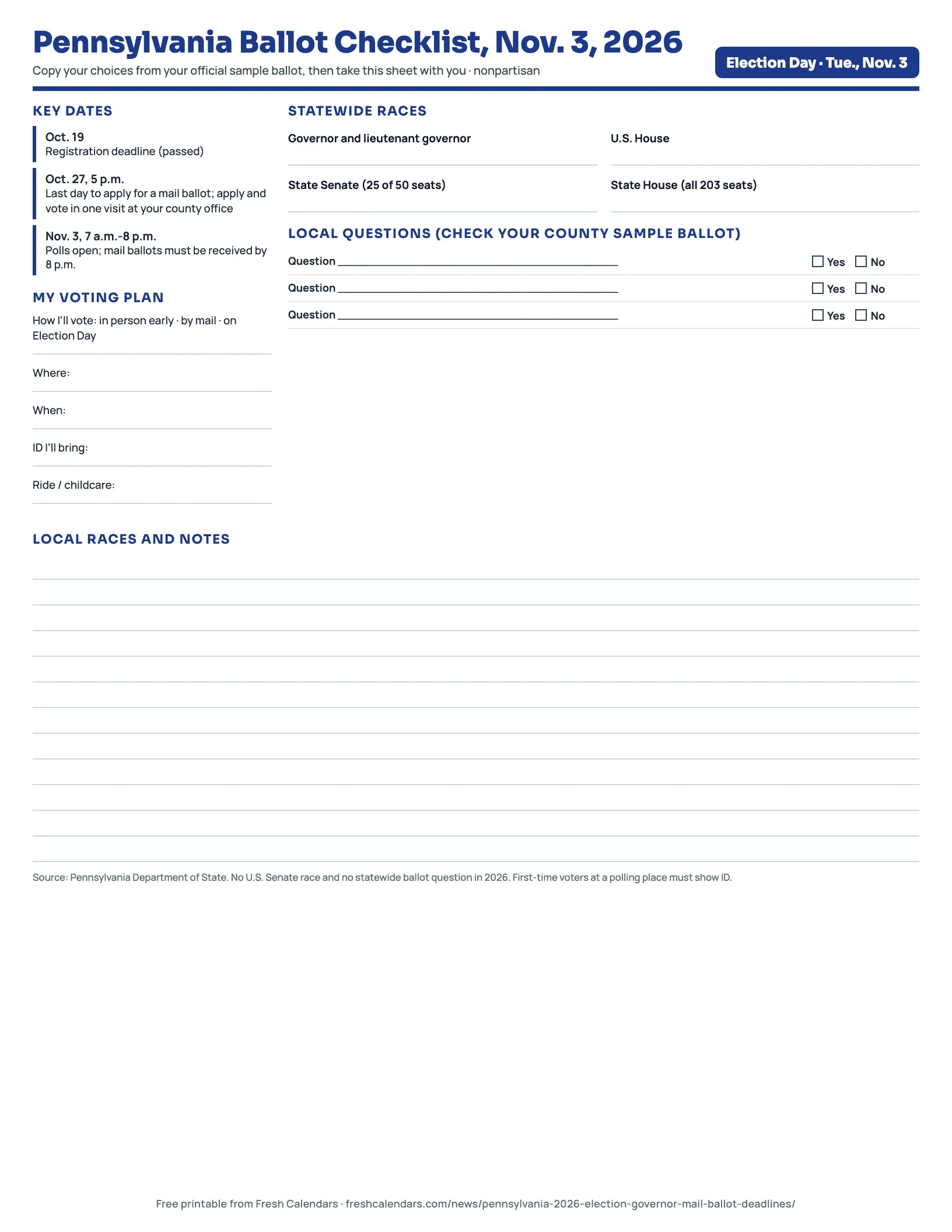 Pennsylvania Ballot Checklist, Nov. 3, 2026 Pennsylvania ballot checklist 2026 printable with races, mail ballot deadlines and a voting plan