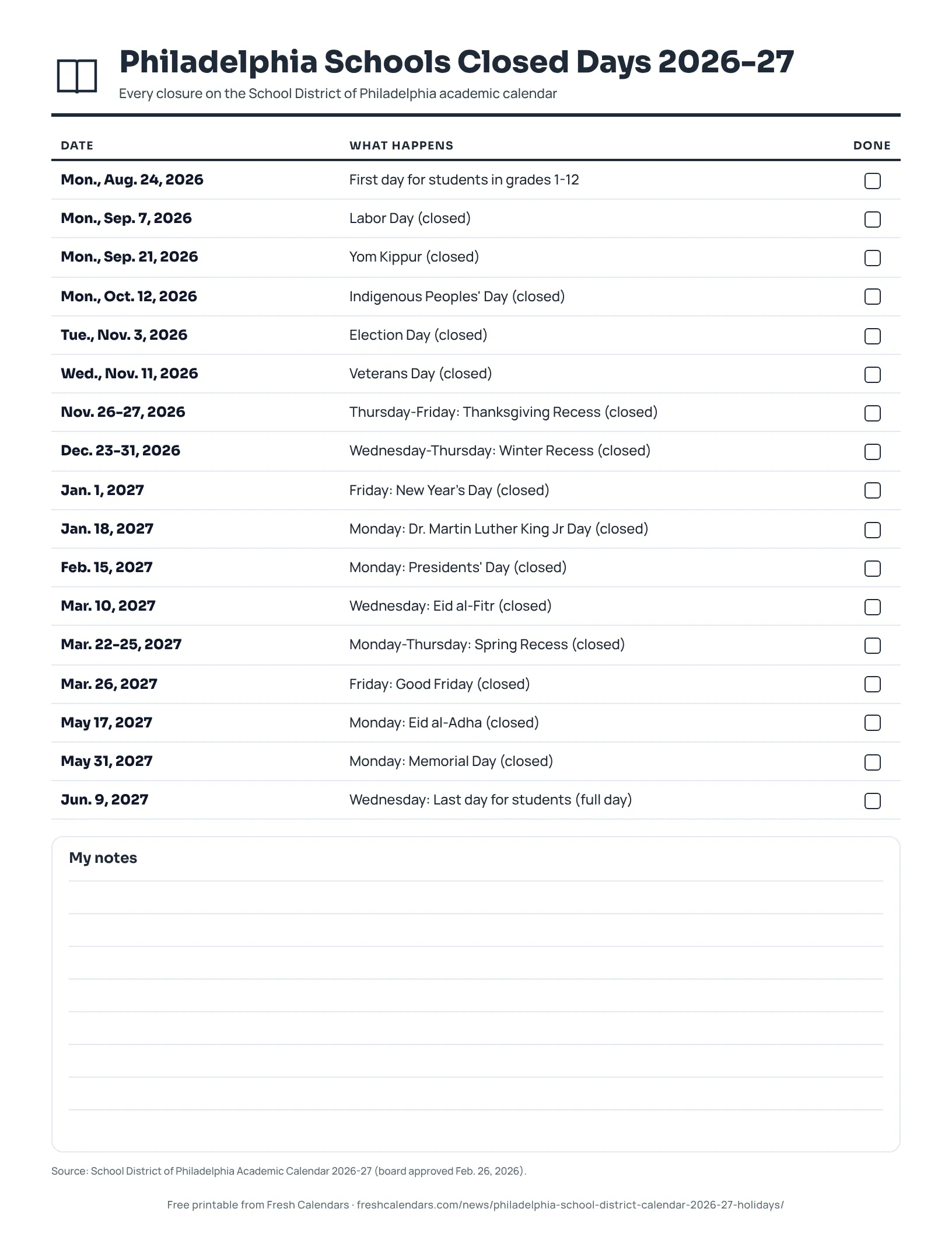 Philadelphia schools 2026-27 printable list of closed days, recesses and holidays, ink-saver version