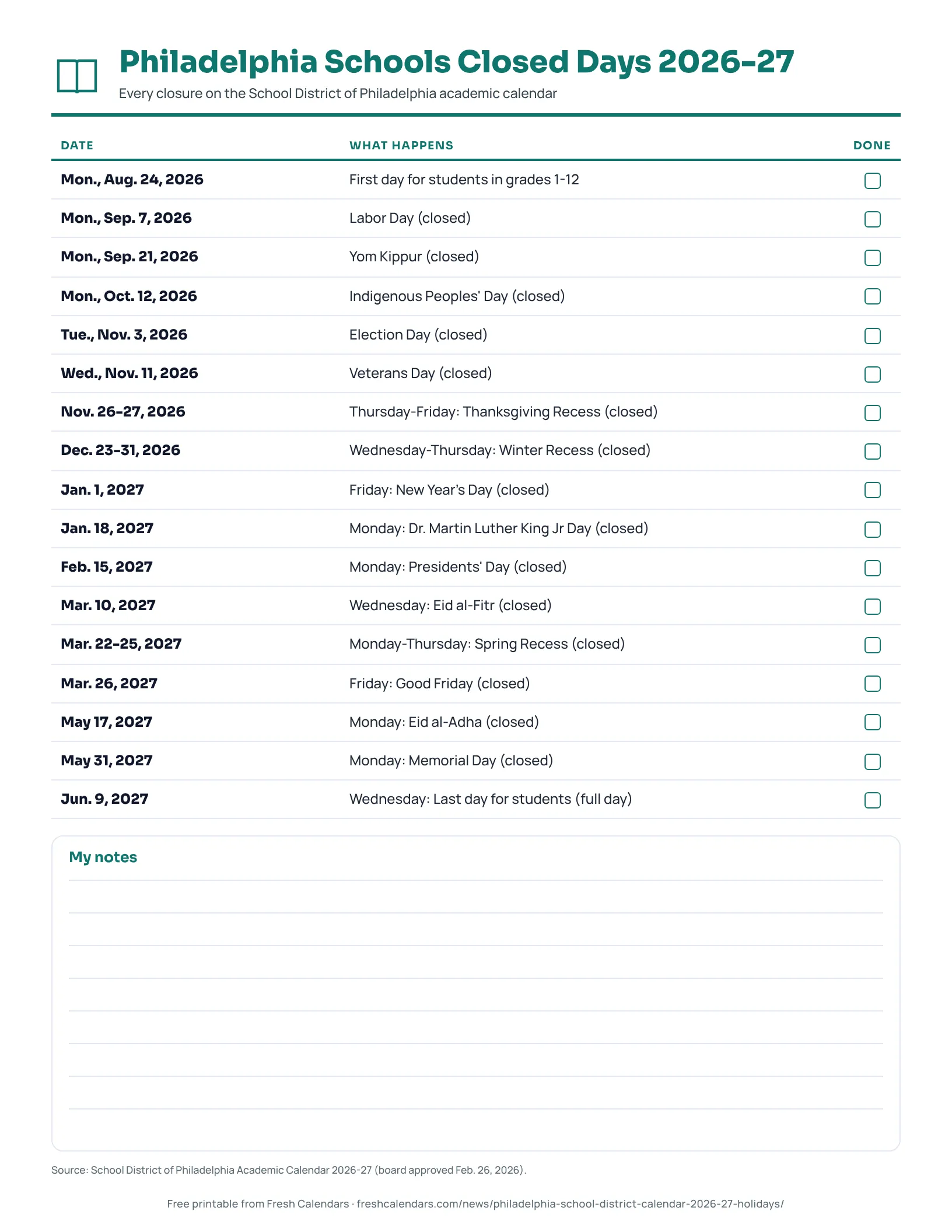 Philadelphia schools 2026-27 printable list of closed days, recesses and holidays