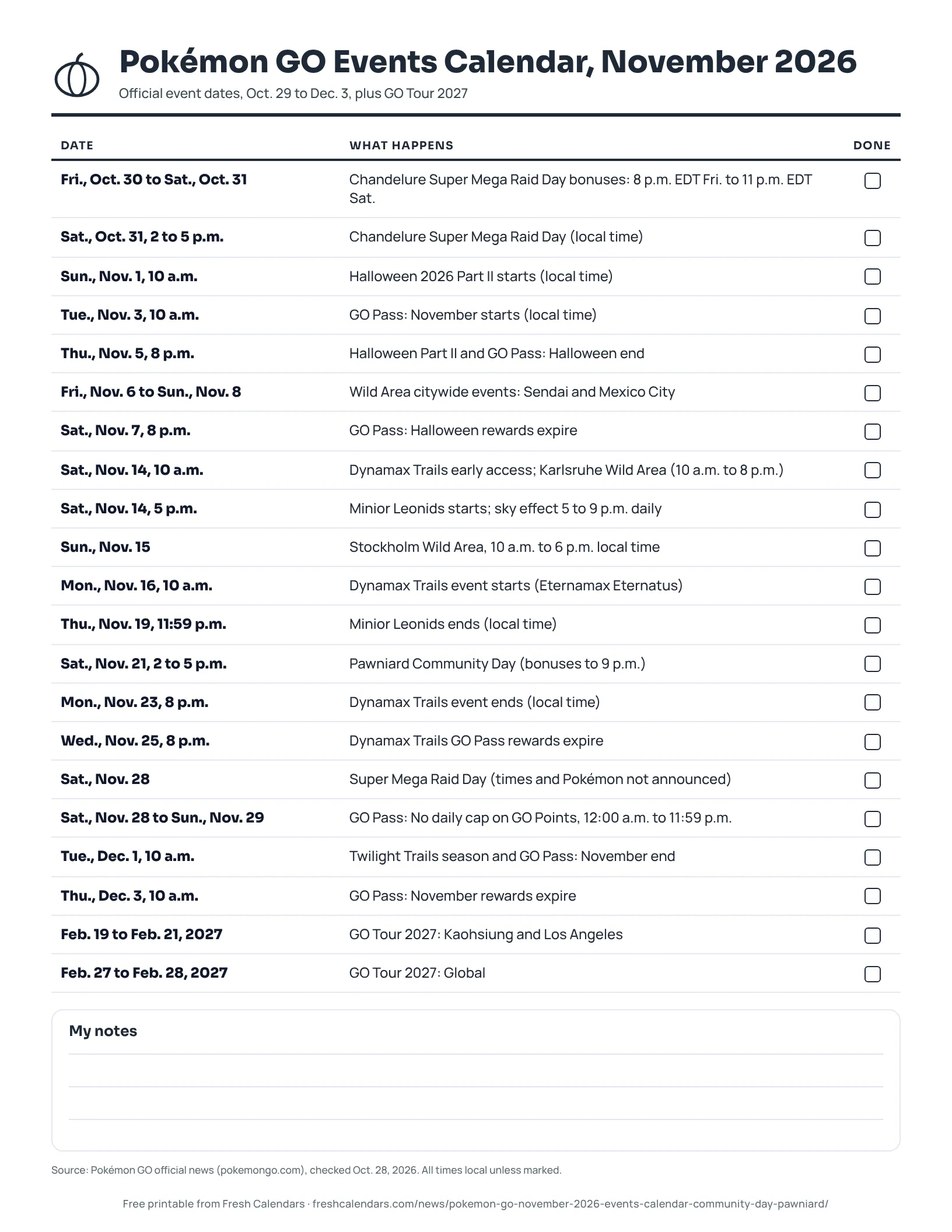 Pokémon GO Events Calendar, November 2026 (ink saver) Printable Pokémon GO events calendar for November 2026 with a tick box beside each official event date, ink-saver version
