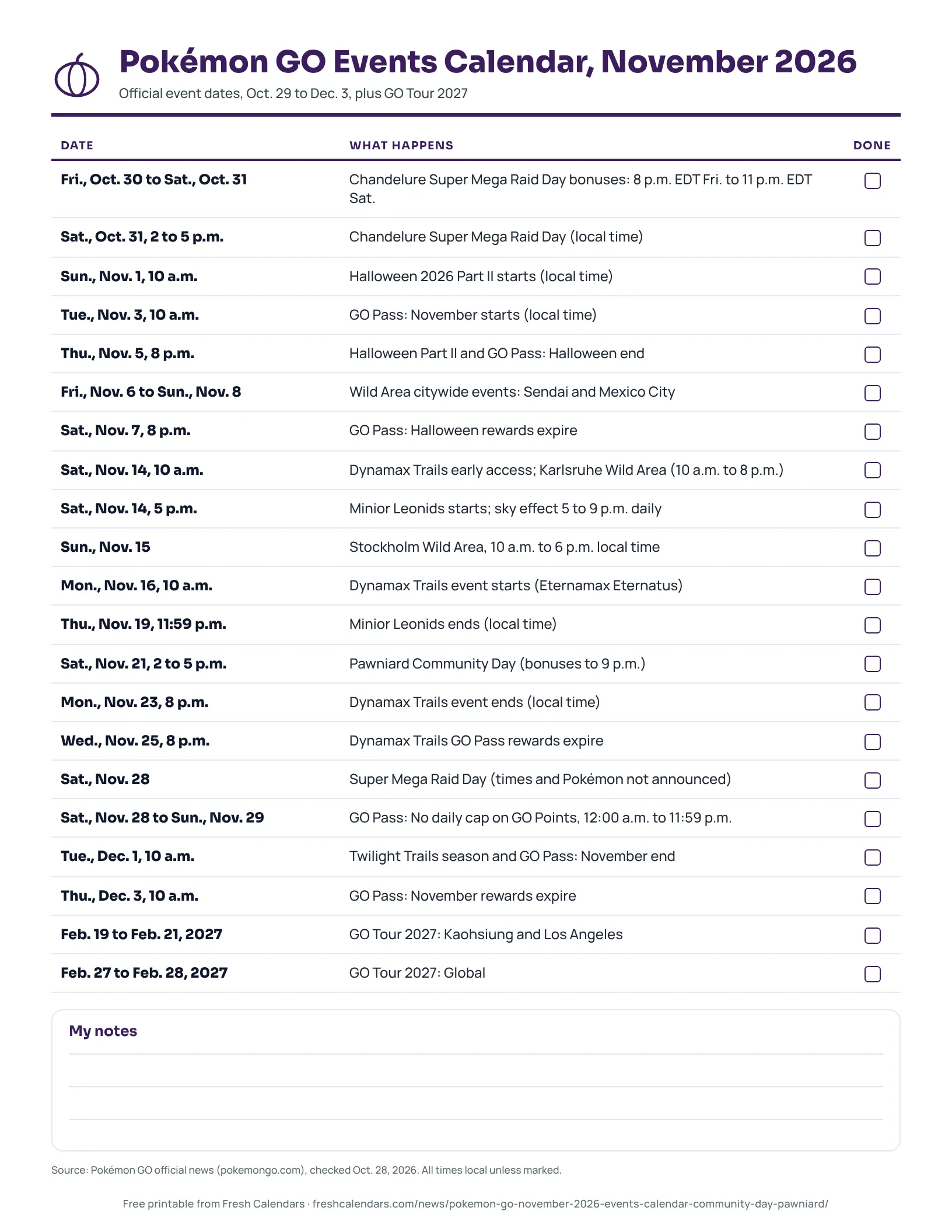 Pokémon GO Events Calendar, November 2026 Printable Pokémon GO events calendar for November 2026 with a tick box beside each official event date